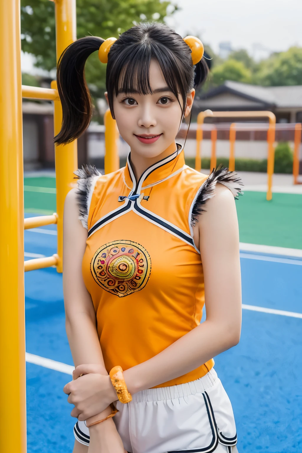 (masterpiece, highest quality:1.2), alone, 1 girl, Upper body,Lin Xiaoyu, slight smile, twin tails, Chinese service, Orange Cheongsam, white shorts, No sleeve, jewelry, bracelet,schoolyard,playground,courtyard