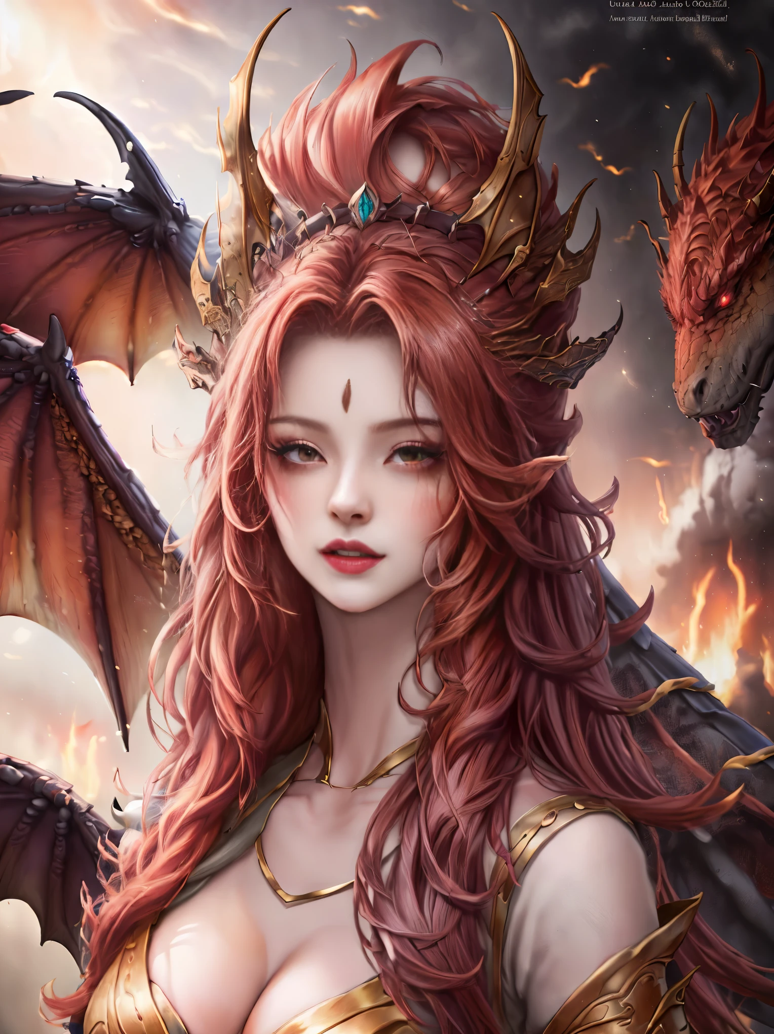 Anime girl with red hair and wings in desert environment, dragon girl, Dragon Queen, queen of dragons, dragon girl Portrait, by ヤン・J, beautiful succubus, detailed digital anime art, detailed anime art, anime fantasy illustration, epic fantasy art style, detailed anime artワーク, fusion of humans and dragons, anime fantasy artwork, background dragon, epic anime artwork