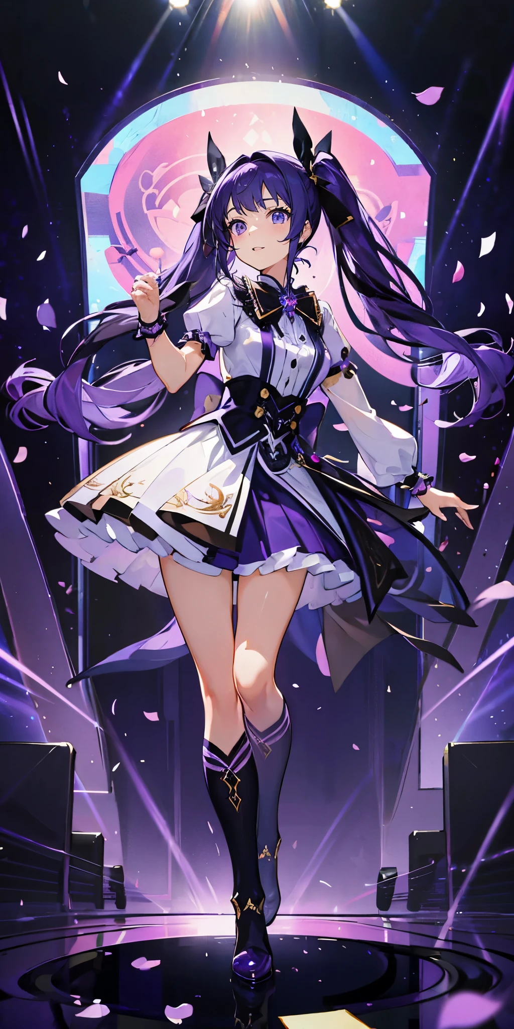 (muste piece), (best quality), very detailed, ((1 girl)), solo full body shot，Viewer&#39;s perspective，dancing，(smile)，wink，perfect face, beautiful face, very detailedな顔，((purple hair_wavy twintail long hair_purple eyes:1.3))，Gorgeous idol costumes，Skirt with lots of frills，solo idol，ribbon hair ornament，ribbon boots，knee high socks，concert dome，live，have a microphone，singing，smiling with mouth wide open，Laser Light，Spotlight，Lots of confetti、A large amount of petals dance