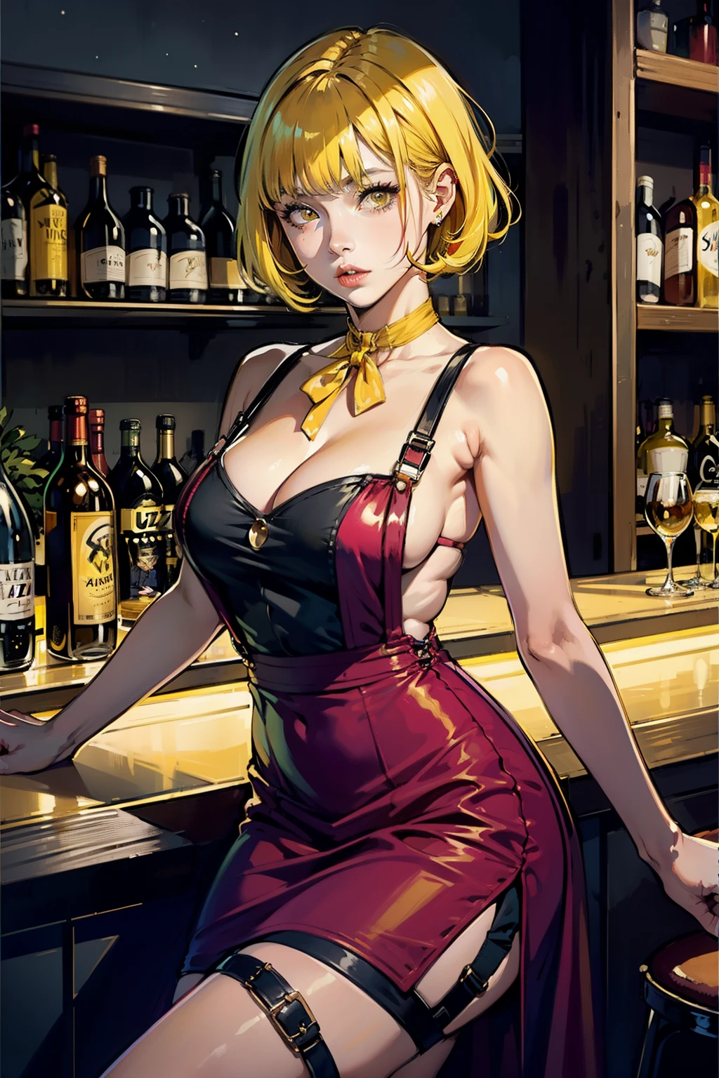 best qyality, perky tits, 8k,  stocking suspenders, (woman 1), medium breasts, jazz bar, red dress, bob hairstyle, choker around the neck, starry eyes, noir style, professional, (yellow hair:1.3), (purple hair:1,1) full height, girl sitting at the bar counter, dim light indoors