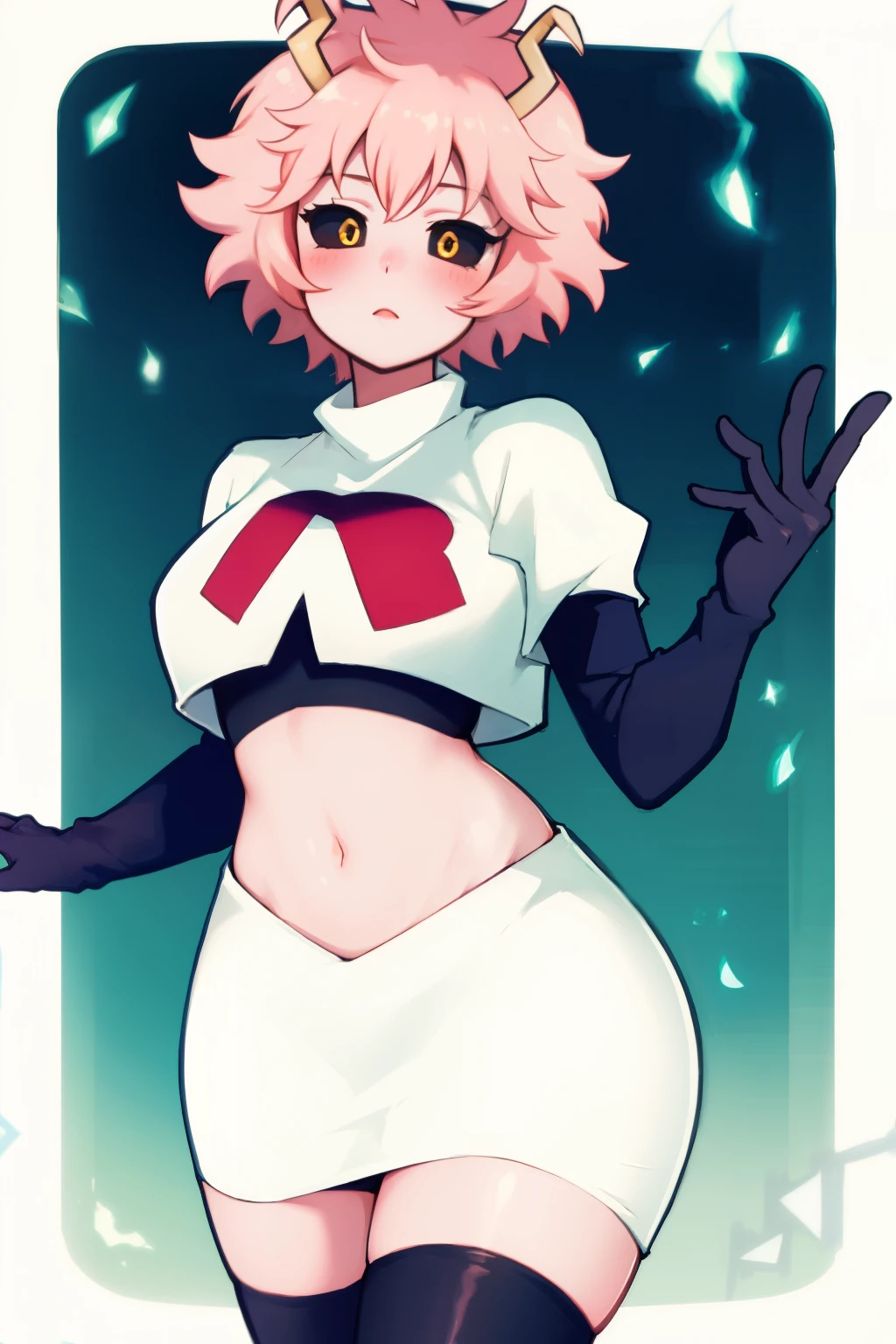 lumen reflections, natural lighting, evocative, triadic color scheme, cowboy shot, elegant, voluptuous:0.6, looking at viewer, 1girl, female, solo, blush, sfw, mina ashido, team rocket uniform, red letter R, white skirt,white crop top,black thigh-highs, black elbow gloves