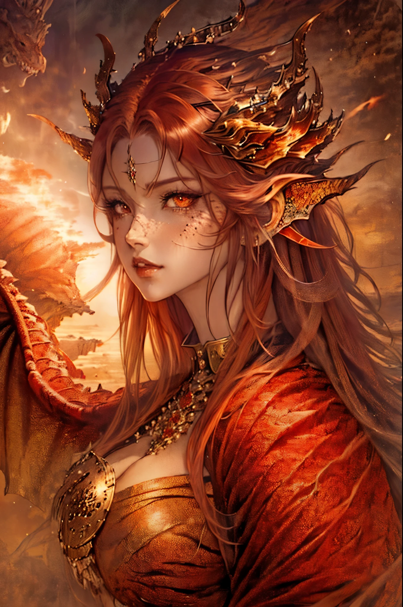 Anime girl with red hair and wings in desert environment, dragon girl, Dragon Queen, queen of dragons, dragon girl Portrait, by ヤン・J, beautiful succubus, detailed digital anime art, detailed anime art, anime fantasy illustration, epic fantasy art style, detailed anime artワーク, fusion of humans and dragons, anime fantasy artwork, background dragon, epic anime artwork