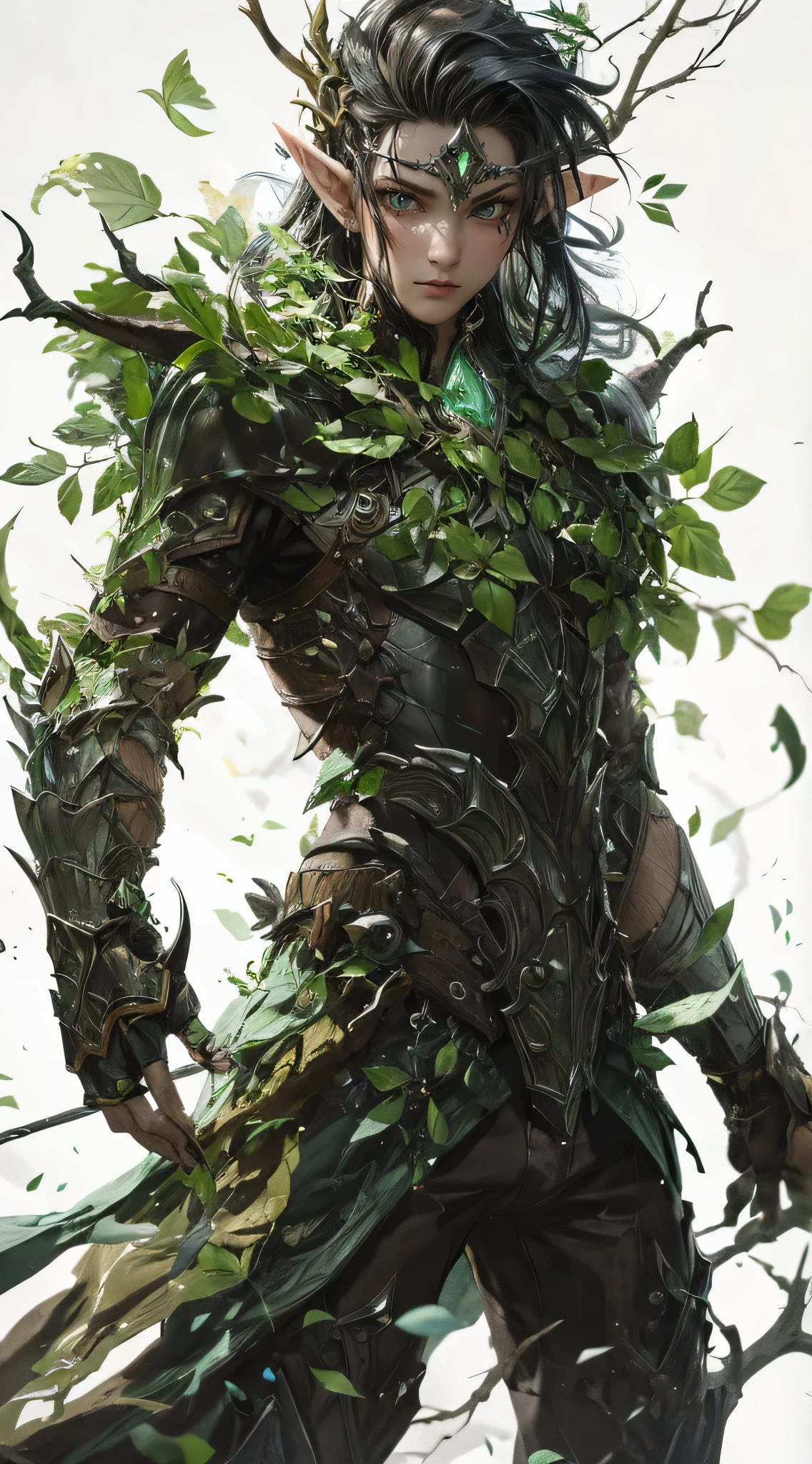 Image shows a mighty full-length forest elf man rogue in medieval grey armor with elf ears WITHOUT WEAPON on white png background, Arcane: League of Legends::1 an ancient theme for digital art, in the style of textured illustration, digital painting, energy-filled illustrations, 2d game art, brush craftsmanship, emphasis on design element, radiant colors, detailed drawing, hdr
