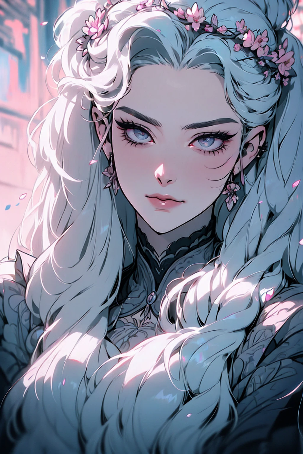 hyper-realistic  of a mysterious woman with flowing gray hair, pony tail, piercing opal eyes, and a delicate floral crown, delicate smile, upper body