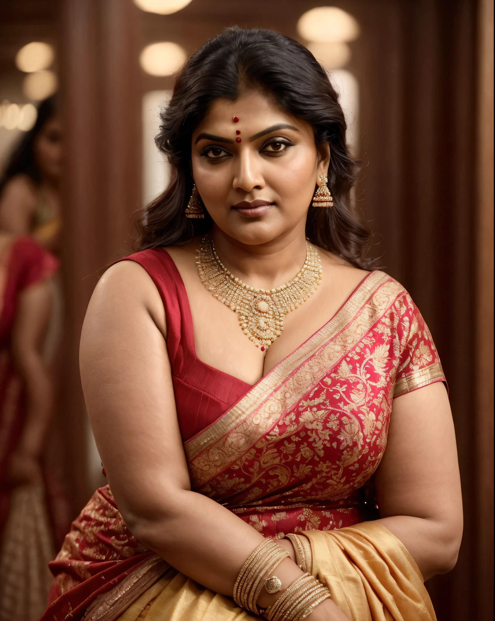 Looks like Indian Actress khushboo Sundar, actress khusbu Sundar, mallu, mallu aunty, desi aunty, full figured mature beauty, attractive figure, 48 years old, desi milf, desi aunty, a close up of a woman in a red dress on a runway, inspired by Avigdor Arikha, sleek!!!, indian super model, wavy hair combed to one side, actress, by Jitish Kallat, smoldering, intense smoldering, fashion, an angel, print ready, with a dramatic looking, inspired by Sudip Roy, tense look