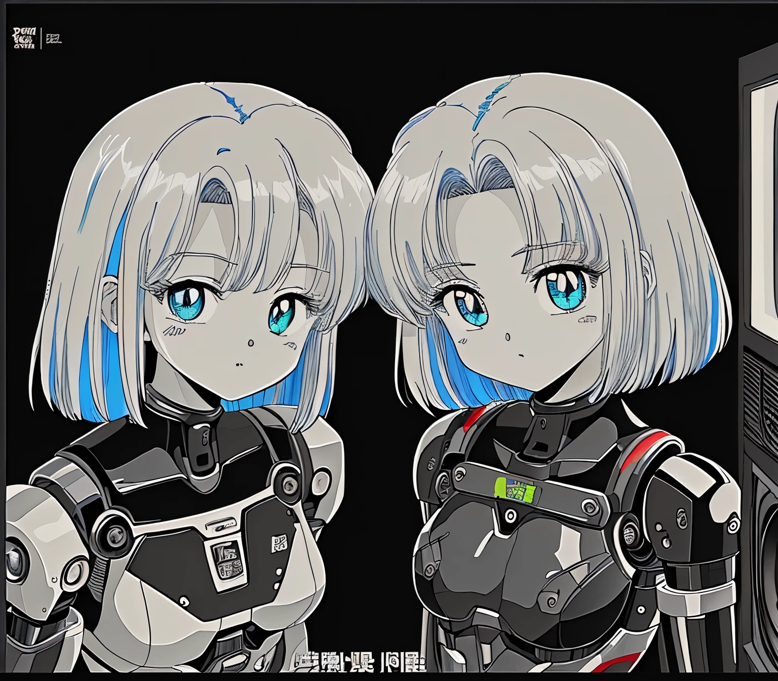identical eyes, identiprecision craftmanship, skilled incorporation of anime elements in the composition, (human female head:1.5) (female robot torso composed of advanced cybernetics:1.31) cute face, (dim lighting, desaturated colors, old tv effect, 80's anime inspired:1.26), amazing poster for AAA movie, dramatic effect