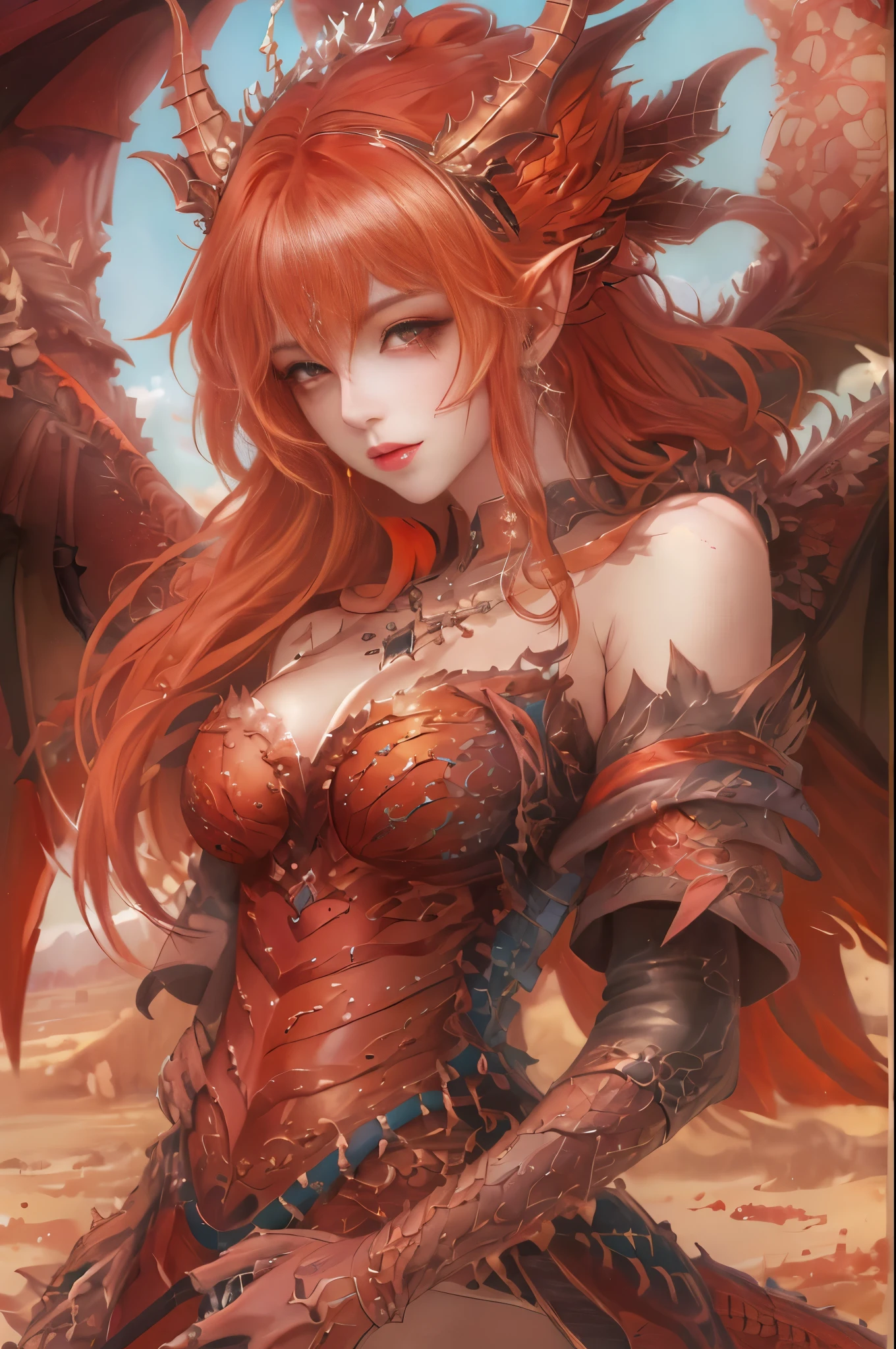 Anime girl with red hair and wings in desert environment, dragon girl, Dragon Queen, queen of dragons, dragon girl Portrait, by ヤン・J, beautiful succubus, detailed digital anime art, detailed anime art, anime fantasy illustration, epic fantasy art style, detailed anime artワーク, fusion of humans and dragons, anime fantasy artwork, background dragon, epic anime artwork