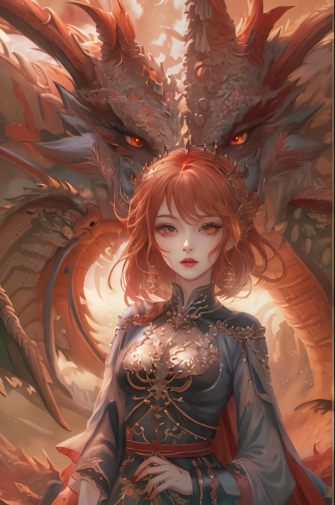 Anime girl with red hair and wings in desert environment, dragon girl, Dragon Queen, queen of dragons, dragon girl Portrait, by ヤン・J, beautiful succubus, detailed digital anime art, detailed anime art, anime fantasy illustration, epic fantasy art style, detailed anime artワーク, fusion of humans and dragons, anime fantasy artwork, background dragon, epic anime artwork