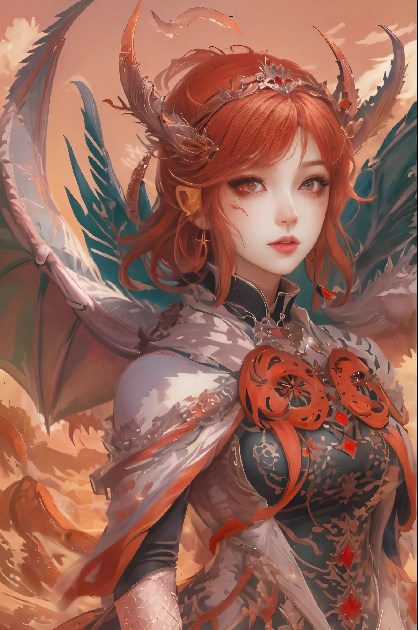 Anime girl with red hair and wings in desert environment, dragon girl, Dragon Queen, queen of dragons, dragon girl Portrait, by ヤン・J, beautiful succubus, detailed digital anime art, detailed anime art, anime fantasy illustration, epic fantasy art style, detailed anime artワーク, fusion of humans and dragons, anime fantasy artwork, background dragon, epic anime artwork