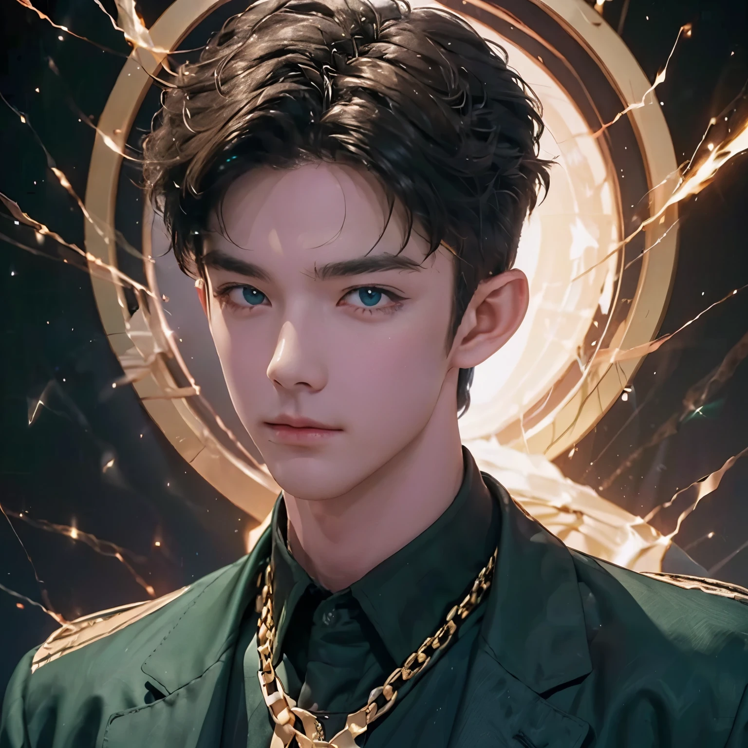 Attractive guy , the boy has very short brown hair, Emerald eyes, on a black background . magical look ! gold chain with emerald around the neck.  top quality portrait photo !