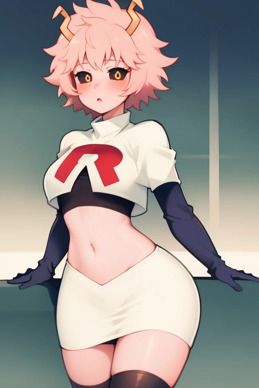 lumen reflections, natural lighting, evocative, triadic color scheme, cowboy shot, elegant, voluptuous:0.6, looking at viewer, 1girl, female, solo, blush, sfw, mina ashido, team rocket uniform, red letter R, white skirt,white crop top,black thigh-highs, black elbow gloves