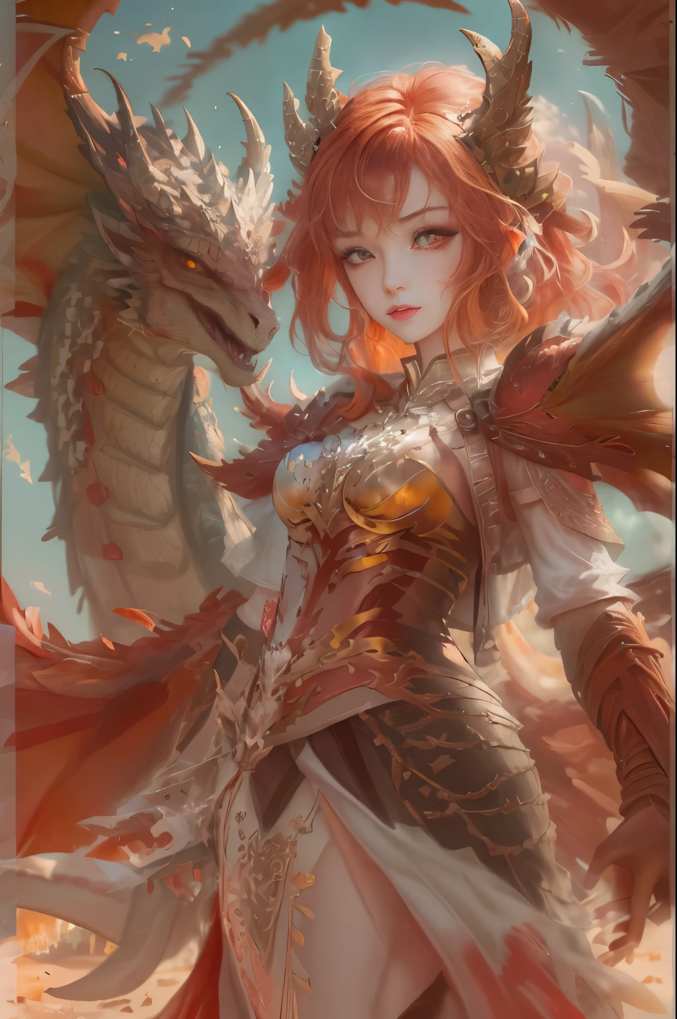 Anime girl with red hair and wings in desert environment, dragon girl, Dragon Queen, queen of dragons, dragon girl Portrait, by ヤン・J, beautiful succubus, detailed digital anime art, detailed anime art, anime fantasy illustration, epic fantasy art style, detailed anime artワーク, fusion of humans and dragons, anime fantasy artwork, background dragon, epic anime artwork