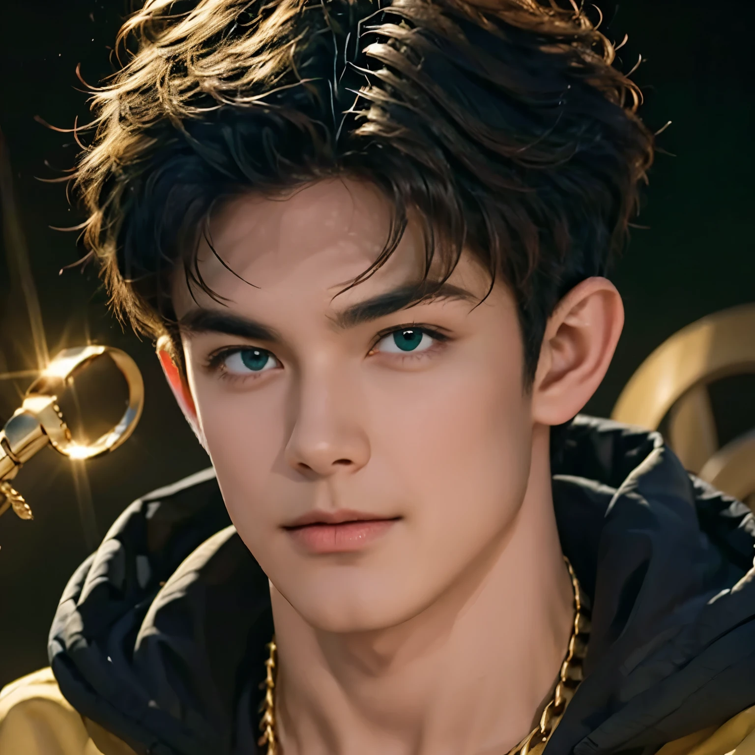 Attractive guy , the boy has very short brown hair, Emerald eyes, on a black background . magical look ! gold chain with emerald around the neck.  top quality portrait photo !