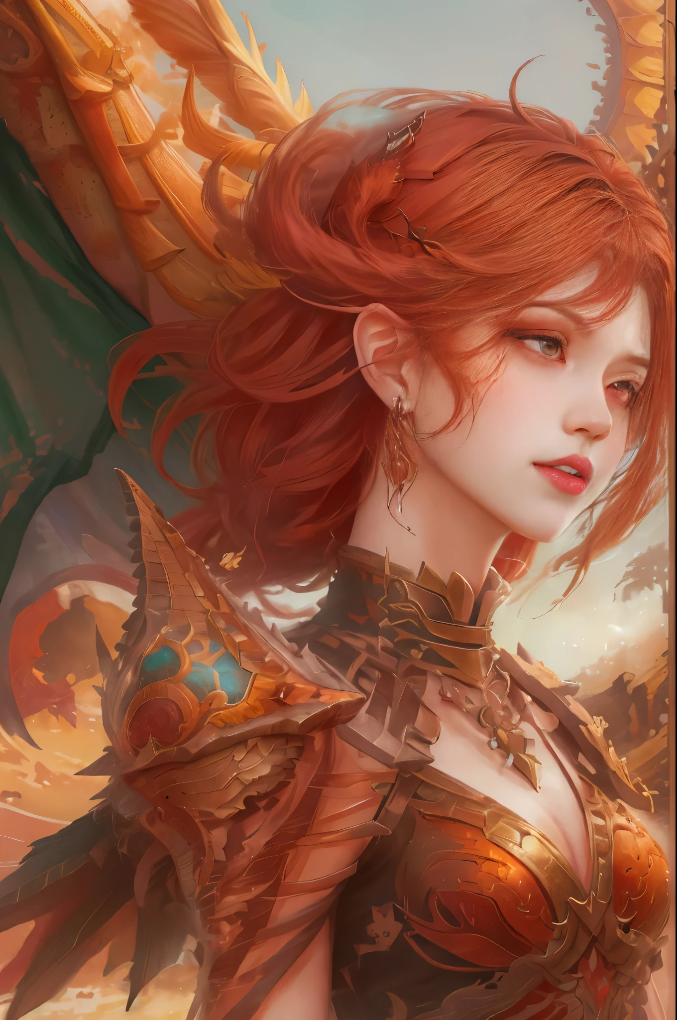 Anime girl with red hair and wings in desert environment, dragon girl, Dragon Queen, queen of dragons, dragon girl Portrait, by ヤン・J, beautiful succubus, detailed digital anime art, detailed anime art, anime fantasy illustration, epic fantasy art style, detailed anime artワーク, fusion of humans and dragons, anime fantasy artwork, background dragon, epic anime artwork