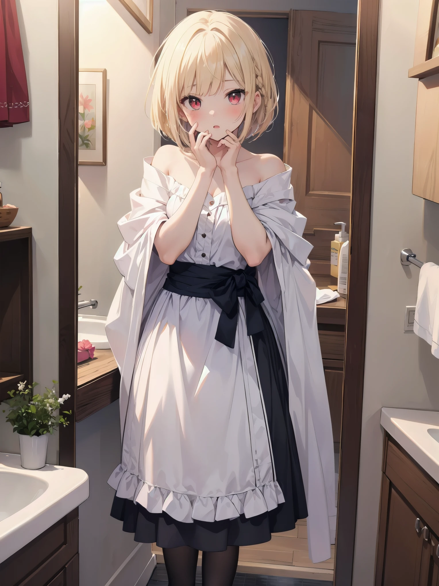 ((put your hand on your face)), ((surprised)), (Looking at the front)), (blush), 1 girl, 、young、Chibi、blonde, red eyes, braided hair, bob cut, Fantasy style neat costume, saint、 frills, robe, long skirt, black tights, white cloak, sink, Bathroom, mirror, concept art, beautiful anime scene, beautiful anime scenery, highest quality, ((masterpiece))