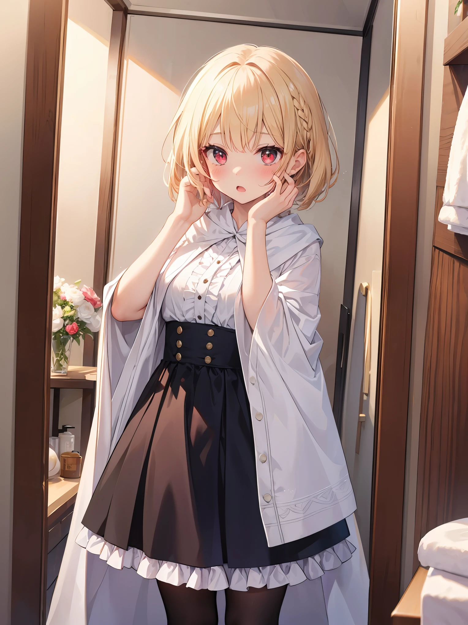 ((put your hand on your face)), ((surprised)), (Looking at the front)), (blush), 1 girl, 、young、Chibi、blonde, red eyes, braided hair, bob cut, Fantasy style neat costume, saint、 frills, robe, long skirt, black tights, white cloak, sink, Bathroom, mirror, concept art, beautiful anime scene, beautiful anime scenery, highest quality, ((masterpiece))
