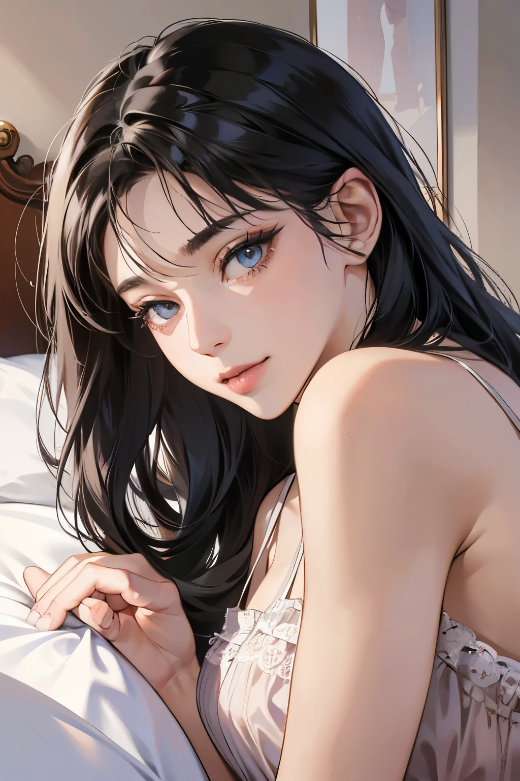 (table top, digital art, digital illustration, 4k, 8k, Super detailed, beautiful images, clear image, realistic, RAW photo, perfect face, perfect lines, perfect eyes, soft lighting) ,1 female, (long black hair,straight hair,bullish look,Beautiful woman,grace,Make up well,19 year old woman,small breasts:1.3),Two handsome men in suits, (human,muscular,solid shoulder width, human,boyish hairstyle,English gentleman'Style,A man in his 30s with a cool expression,28-year-old man with bright 笑顔:1.2),Smile showing your white teeth(embarrassing,shy smile:1.1),light-filled bedroom、on the bed、negligee、couple、coupleキス、romance porn、wedding