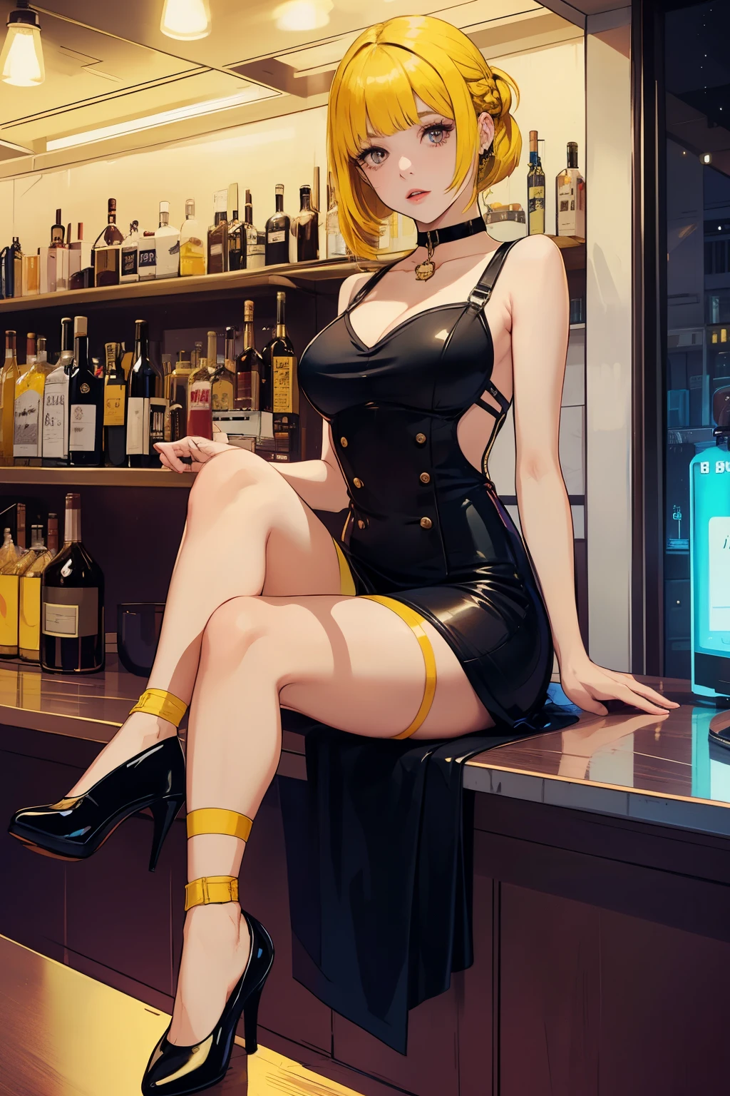highres, beautiful women, women only, no men, tanned gyaru, blonde hair, high detail, good lighting, lewd, hentai, (((wearing fancy leather dress))), (((leather thigh high high heel boots))), (bare thighs), (((wetting herself))), (((peeing herself))), pee streaming down legs, peeing stain, (puddle), (thick thighs), nice long legs, lipstick, detailed face, pretty face, seductive face, aroused, sexually excited, (full body shot), ((at bar sitting outside))