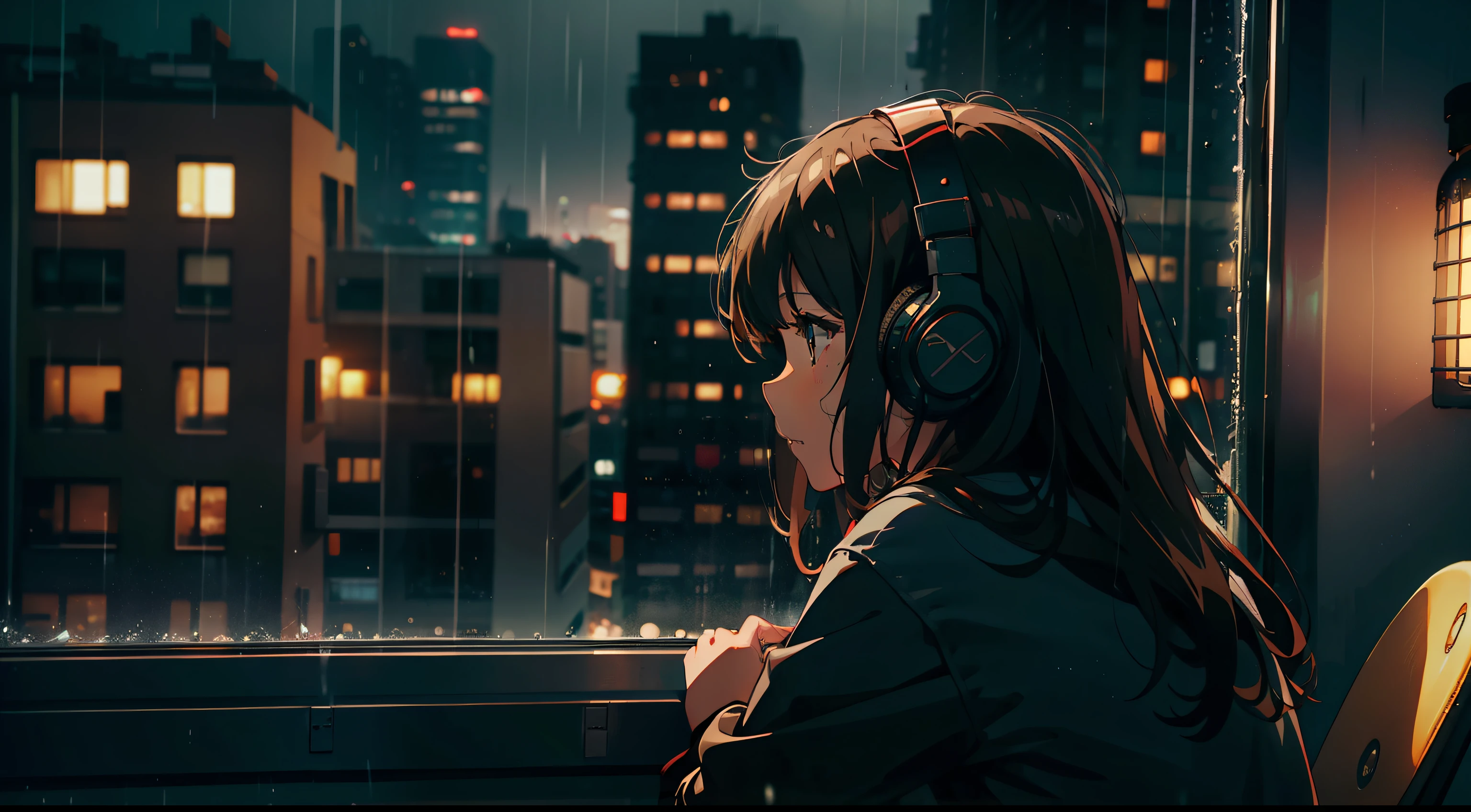 Girl, dark brown wavy hair, wearing headphones. Girl Sitting in gamer chair and looks out the window. Out the window Night city street, rain, dark sky. Rain Drops run down the glass. warm, pleasant lighting. Camera behind the girl
