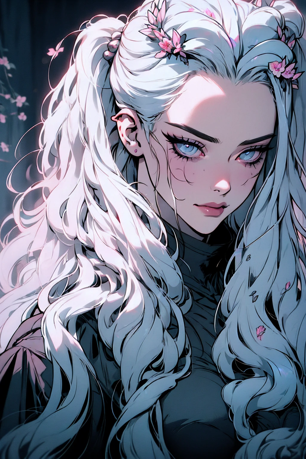 hyper-realistic of a mysterious woman with flowing gray hair, pony tail, piercing opal eyes, and a delicate floral crown, delicate smile, upper body