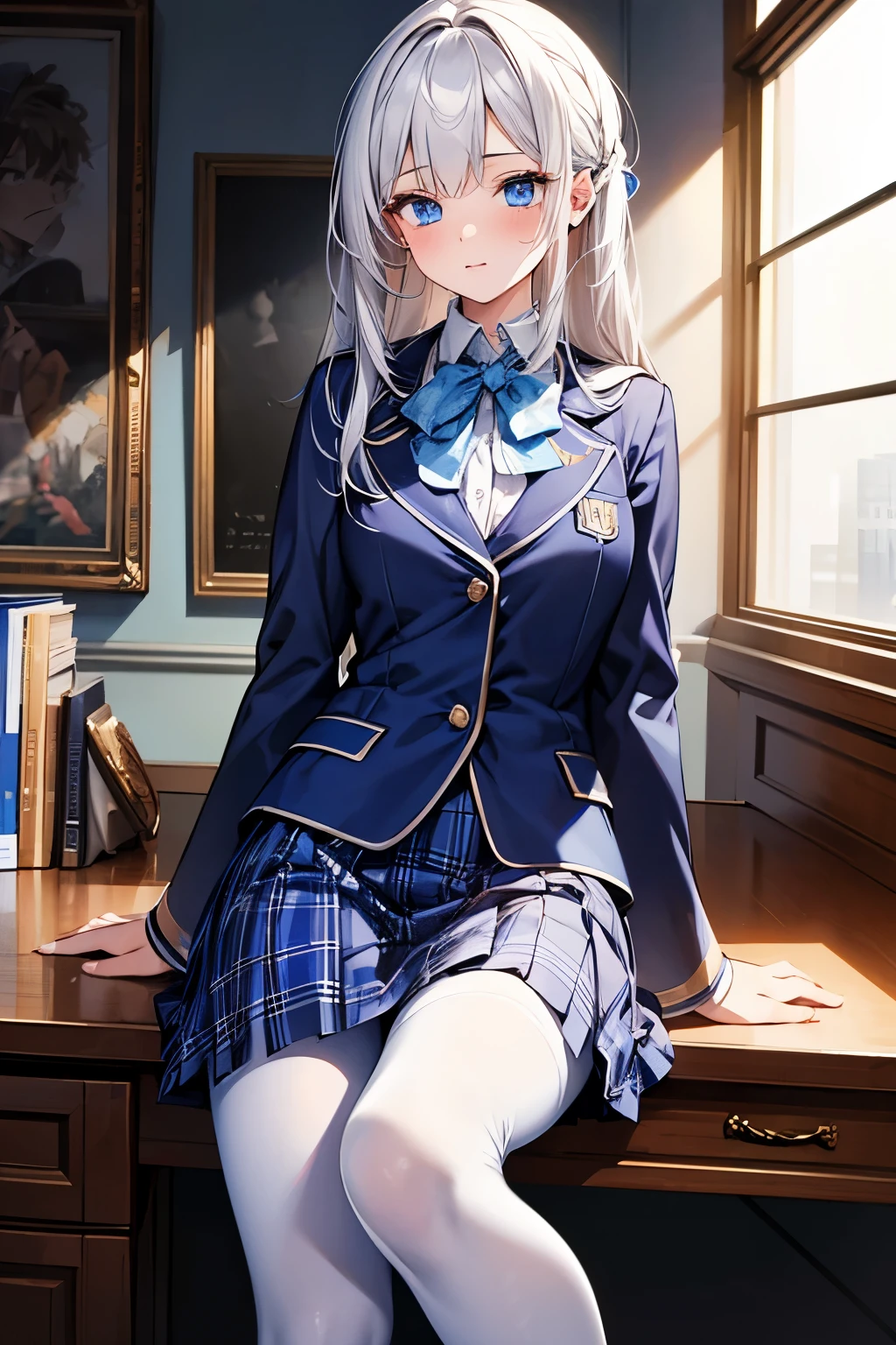 masterpiece, best quality, {best quality}, {{masterpiece}}, {high resolution}, girl,student,Uniforms,jk ,blue plaid skirt,white hair,cute,1girl,white pantyhose,beauty,big blue eyes