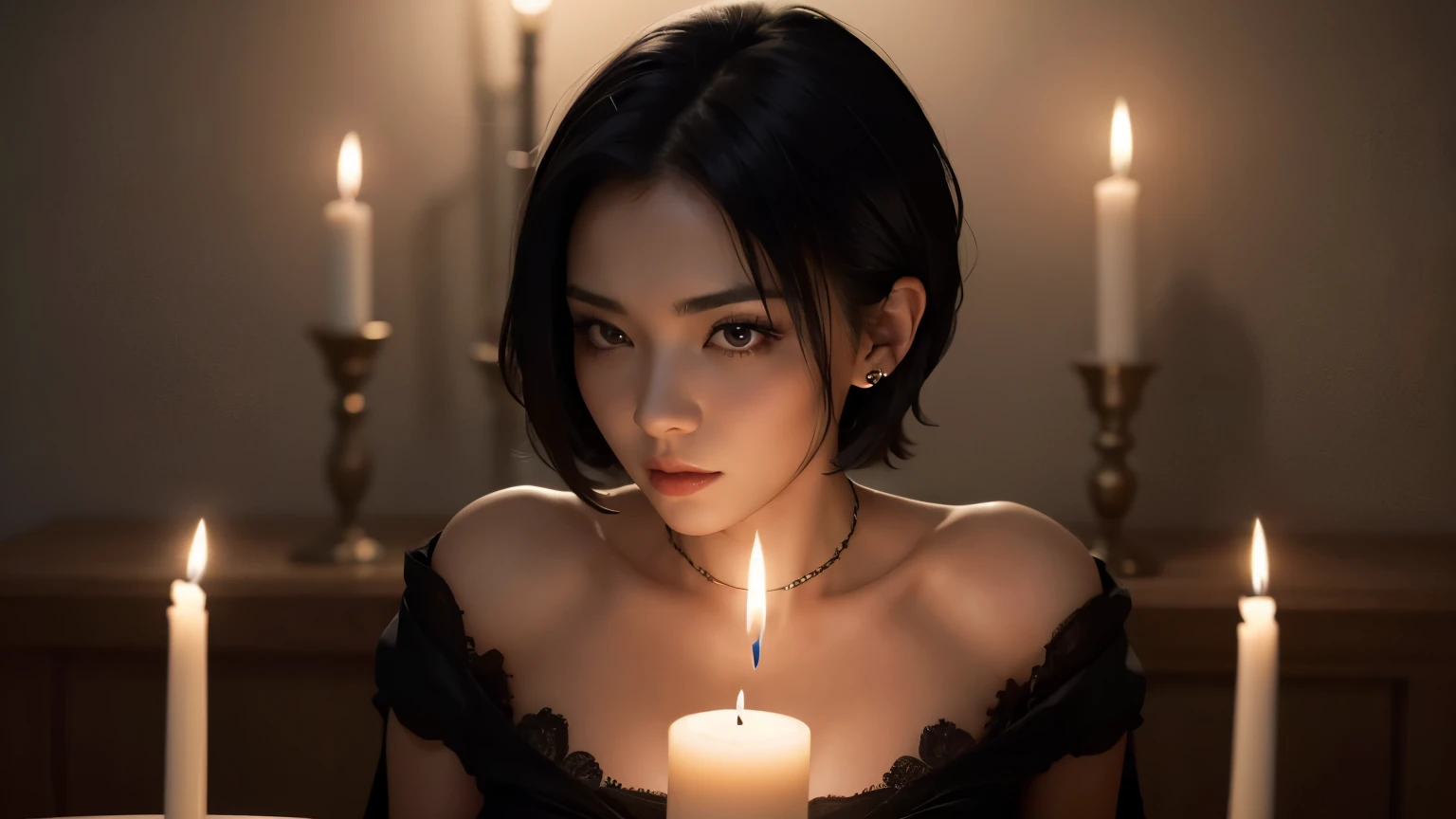 Milf, Black Hair, Short Hair, Sexy, Submission, Dress, Dark Romantic, Night, Dinner, Candles, High Details, Ultra HD, 4K
