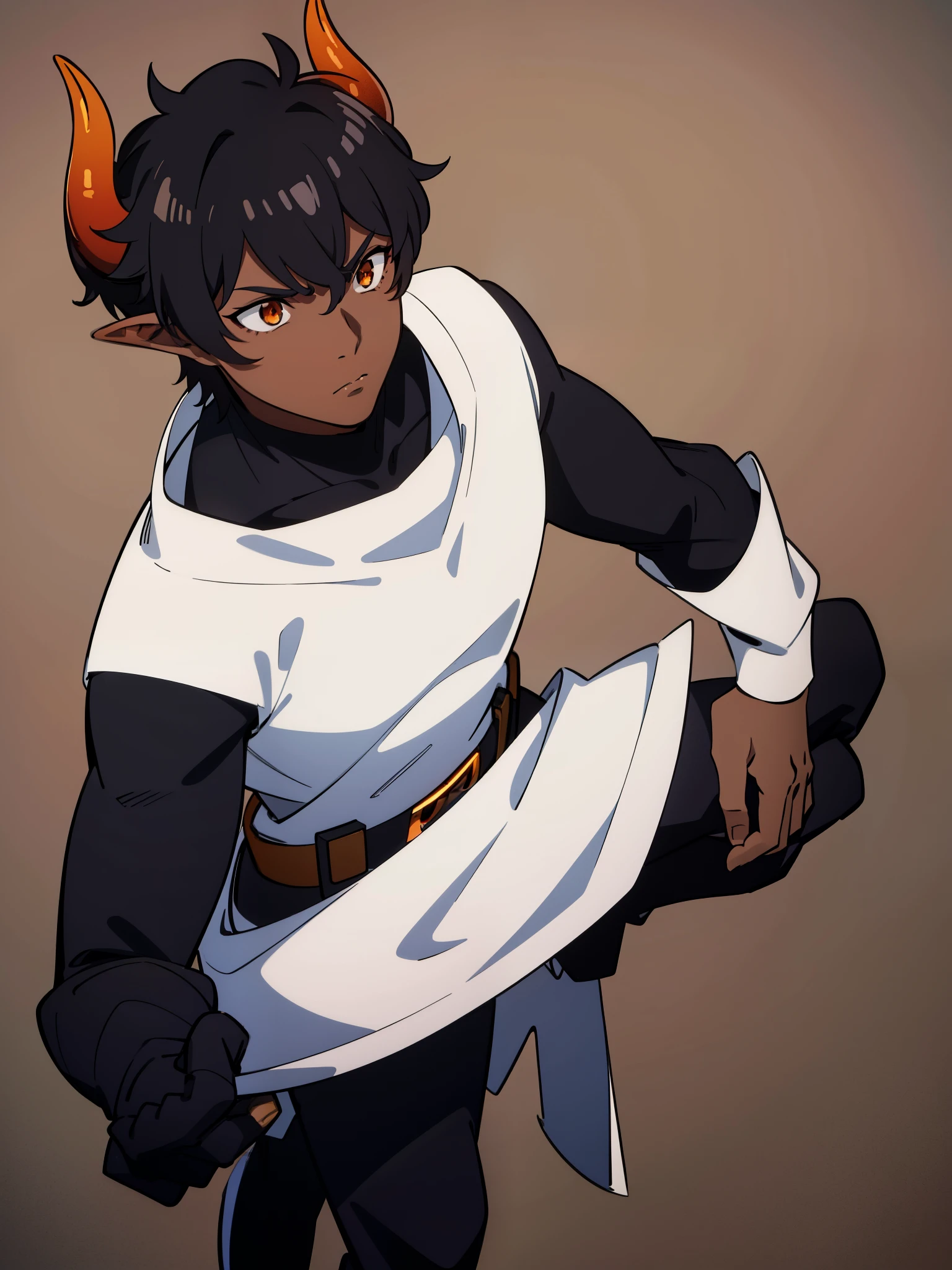 1boy,20 years,solo,serious,((dark skin)),silver armor,black hair,elf ears,(horns),from front,orange eyes,(((no background)))