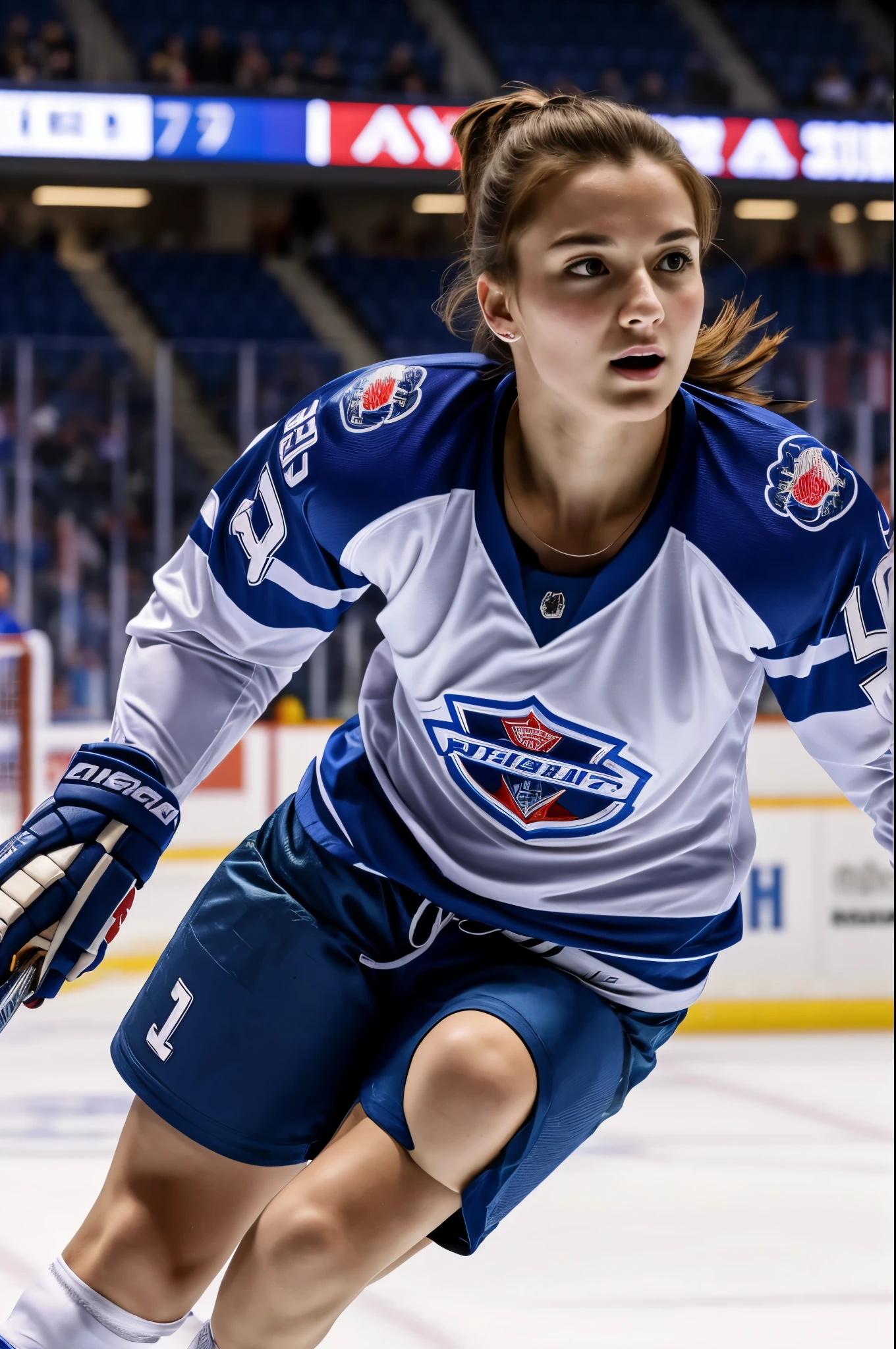masterpiece, best quality, extremely detailed, hyperrealistic, photorealistic, a pretty woman, ice hockey player:1.1, ice hockey venue, dynamic pose, ultra detailed face:1.1
