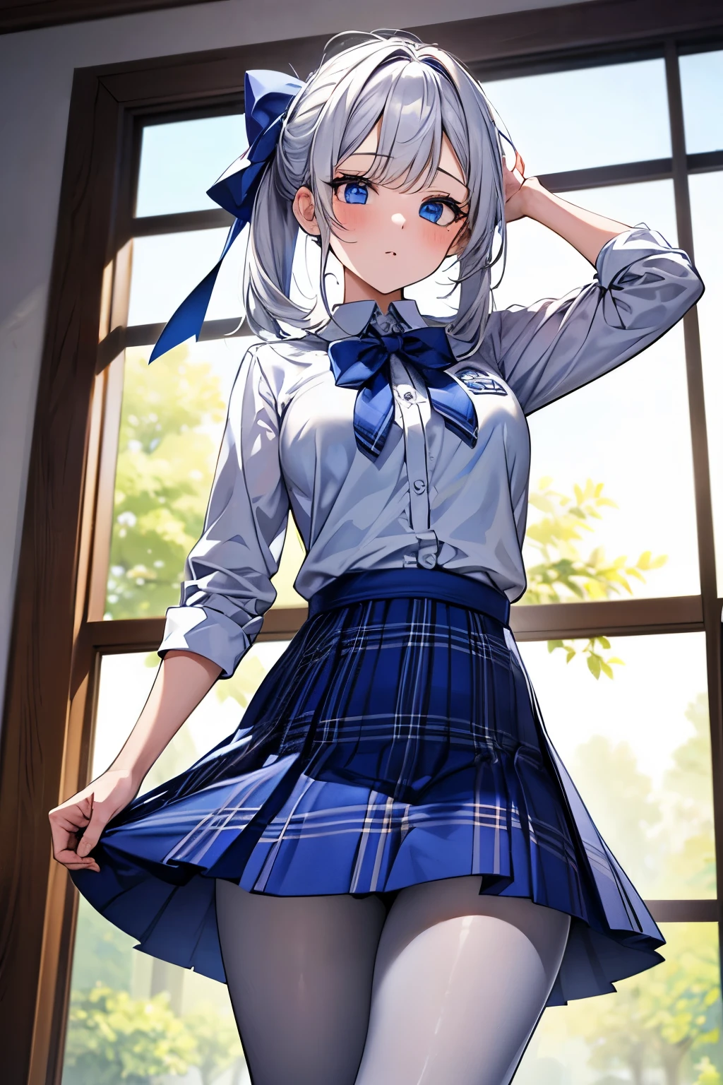 masterpiece, best quality, {best quality}, {{masterpiece}}, {high resolution}, girl,student,Uniforms,jk ,blue plaid skirt,white hair,cute,1girl,white pantyhose,beauty,big blue eyes