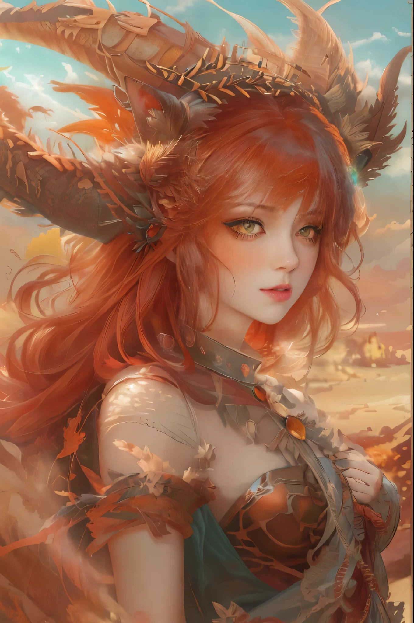 Anime girl with red hair and wings in desert environment, dragon girl, Dragon Queen, queen of dragons, dragon girl Portrait, by ヤン・J, beautiful succubus, detailed digital anime art, detailed anime art, anime fantasy illustration, epic fantasy art style, detailed anime artワーク, fusion of humans and dragons, anime fantasy artwork, background dragon, epic anime artwork