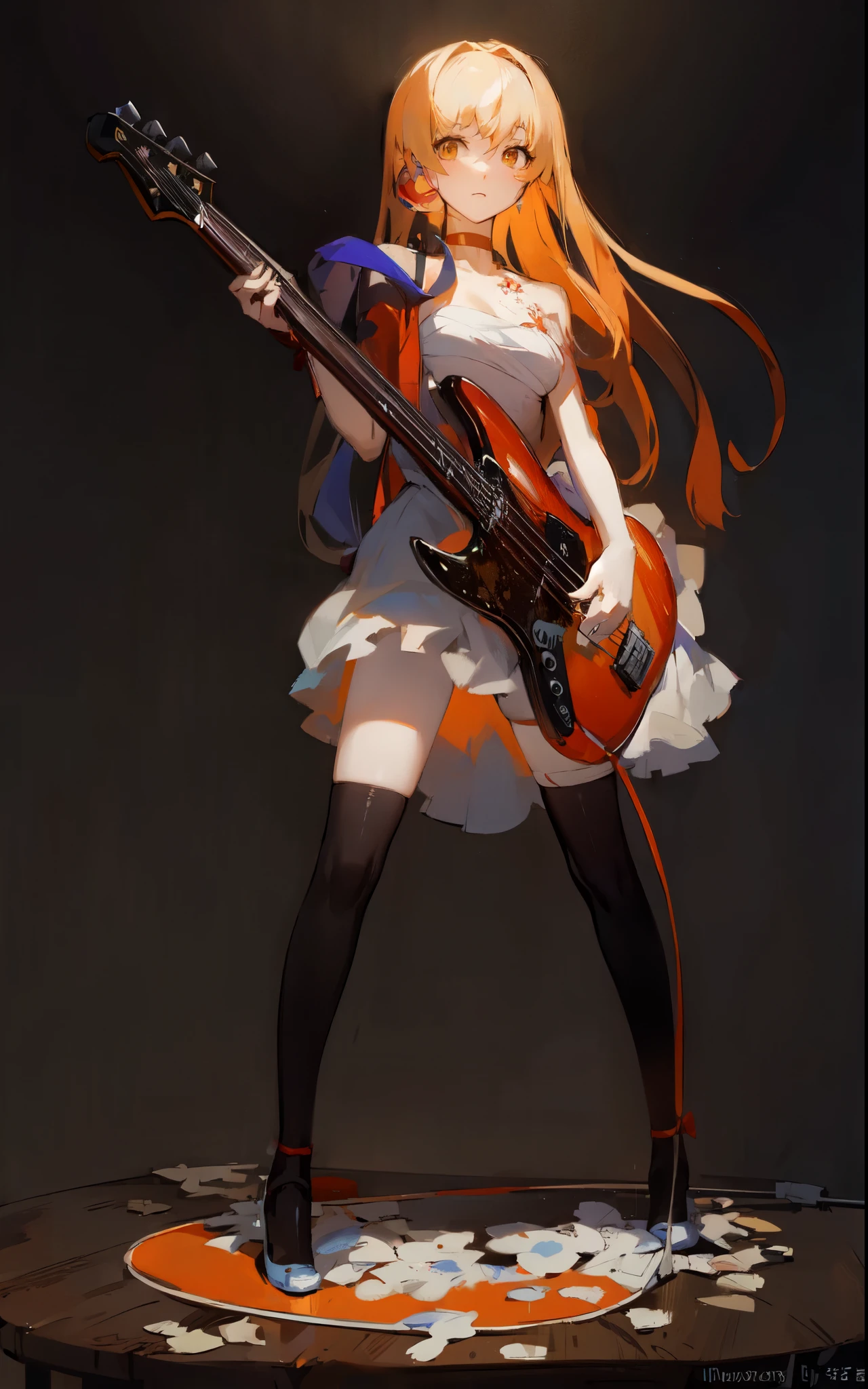 Yoimiya wearing an orange dress playing an orange Fender Jazz Bass. Electric Bass guitar. Skirt. Black thigh highs.