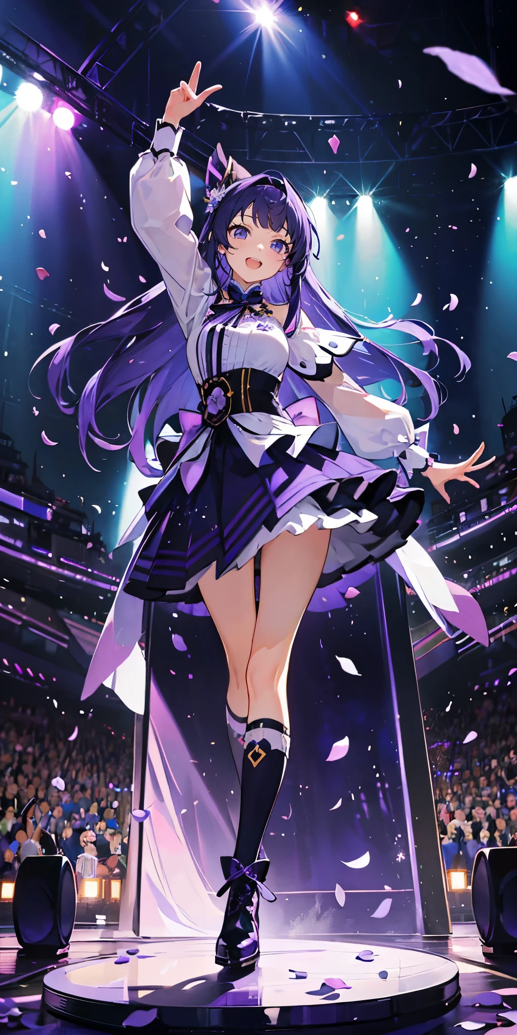 (muste piece), (best quality), very detailed, ((1 girl)), solo full body shot,Viewer's perspective,dancing,(smile),wink,perfect face, beautiful face, very detailedな顔,((purple hair_straight long hair_purple eyes:1.3)),Gorgeous idol costumes,Skirt with lots of frills,solo idol,ribbon hair ornament,ribbon boots,knee high socks,concert dome,live,have a microphone,singing,smiling with mouth wide open,Laser Light,Spotlight,Lots of confetti、A large amount of petals dance