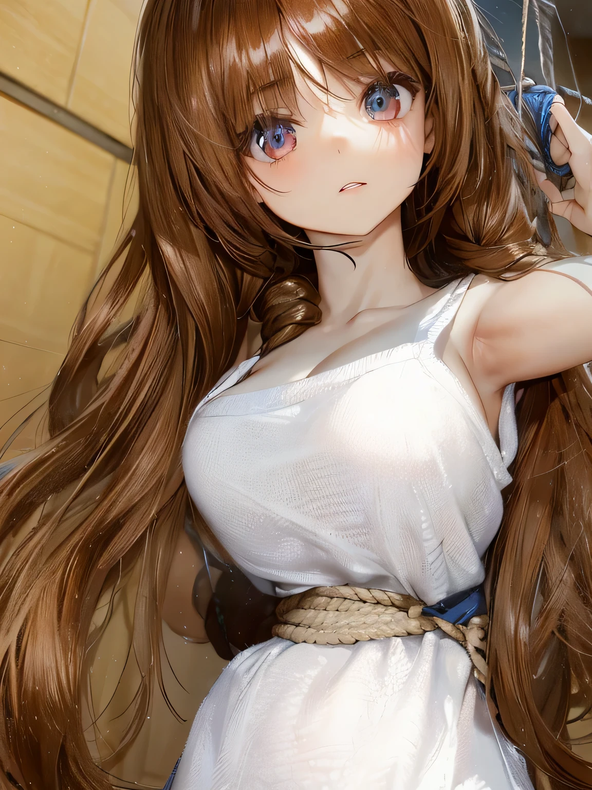 ((masterpiece)), ((highest quality)), (super detailed), torture chamber,(((Waist bound tightly with rope))),pretty girl, 1 girl, alone, ,beautiful hair, (beautiful eyes), long hair, expression of agony