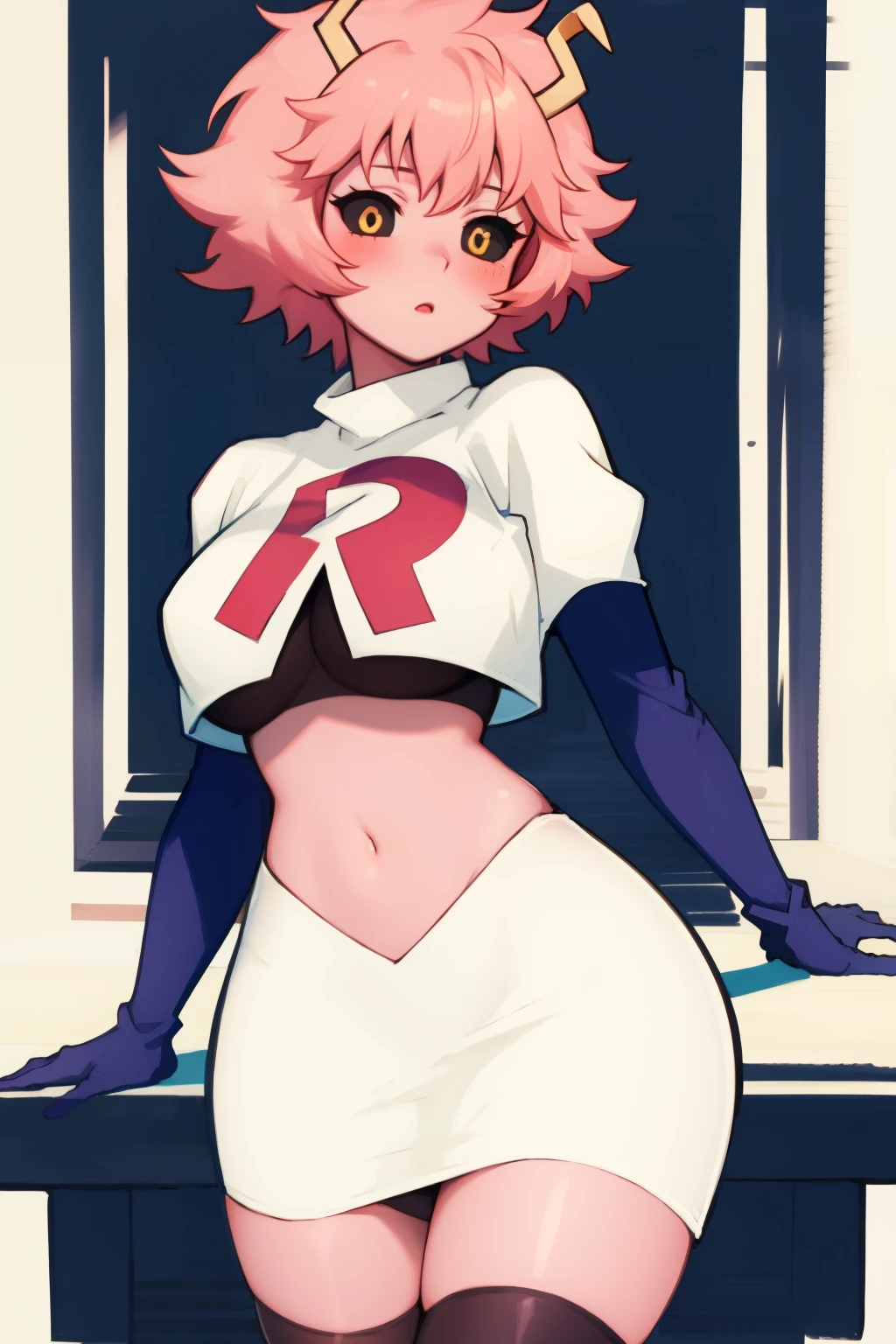 lumen reflections, natural lighting, evocative, triadic color scheme, cowboy shot, elegant, voluptuous:0.6, looking at viewer, 1girl, female, solo, blush, sfw, mina ashido, team rocket uniform, red letter R, white skirt,white crop top,black thigh-highs, black elbow gloves