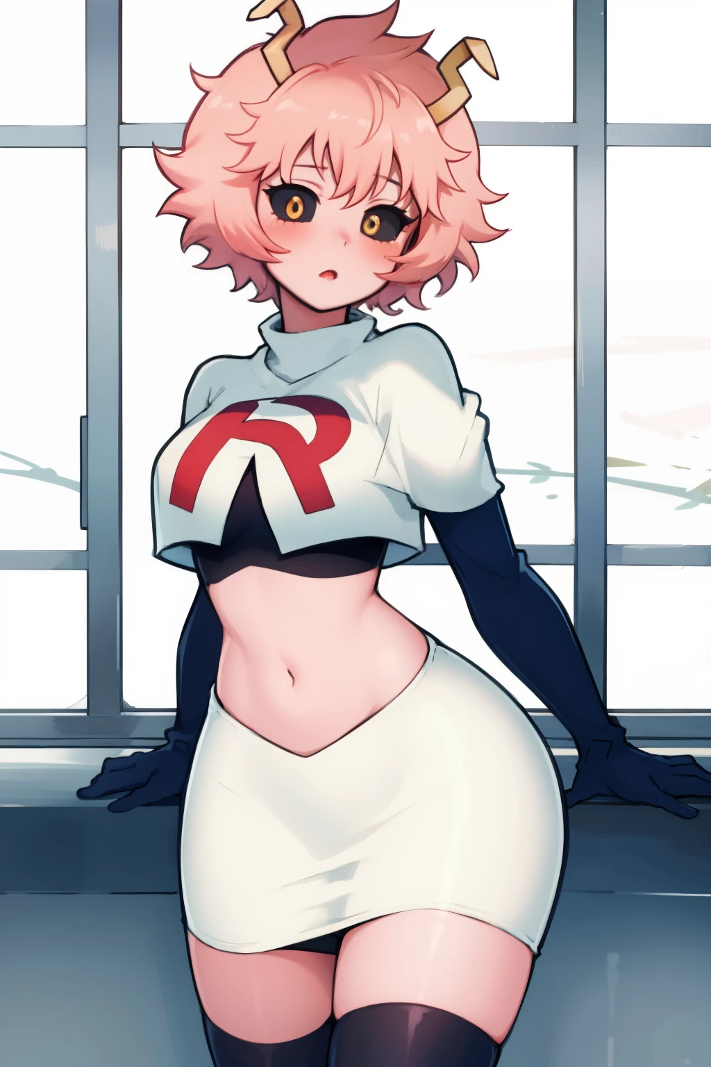 lumen reflections, natural lighting, evocative, triadic color scheme, cowboy shot, elegant, voluptuous:0.6, looking at viewer, 1girl, female, solo, blush, sfw, mina ashido, team rocket uniform, red letter R, white skirt,white crop top,black thigh-highs, black elbow gloves