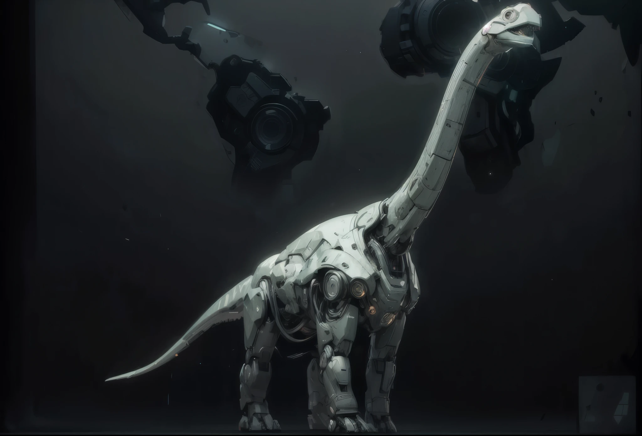 (futuristic:1.5,cyberpunk),(Black canvas background:1.4,blurred background:1.4), Mechanical Camarasaurus, (Mechanical body:1.2, mechanical limbs:1.2, gear joints, Glowing eyes, realistic scifi cyberpunk armo),Ray Tracing, Reasonable structure,backlight, close up, Mechanical elements,cybernetic, complex,Selective focus, high res