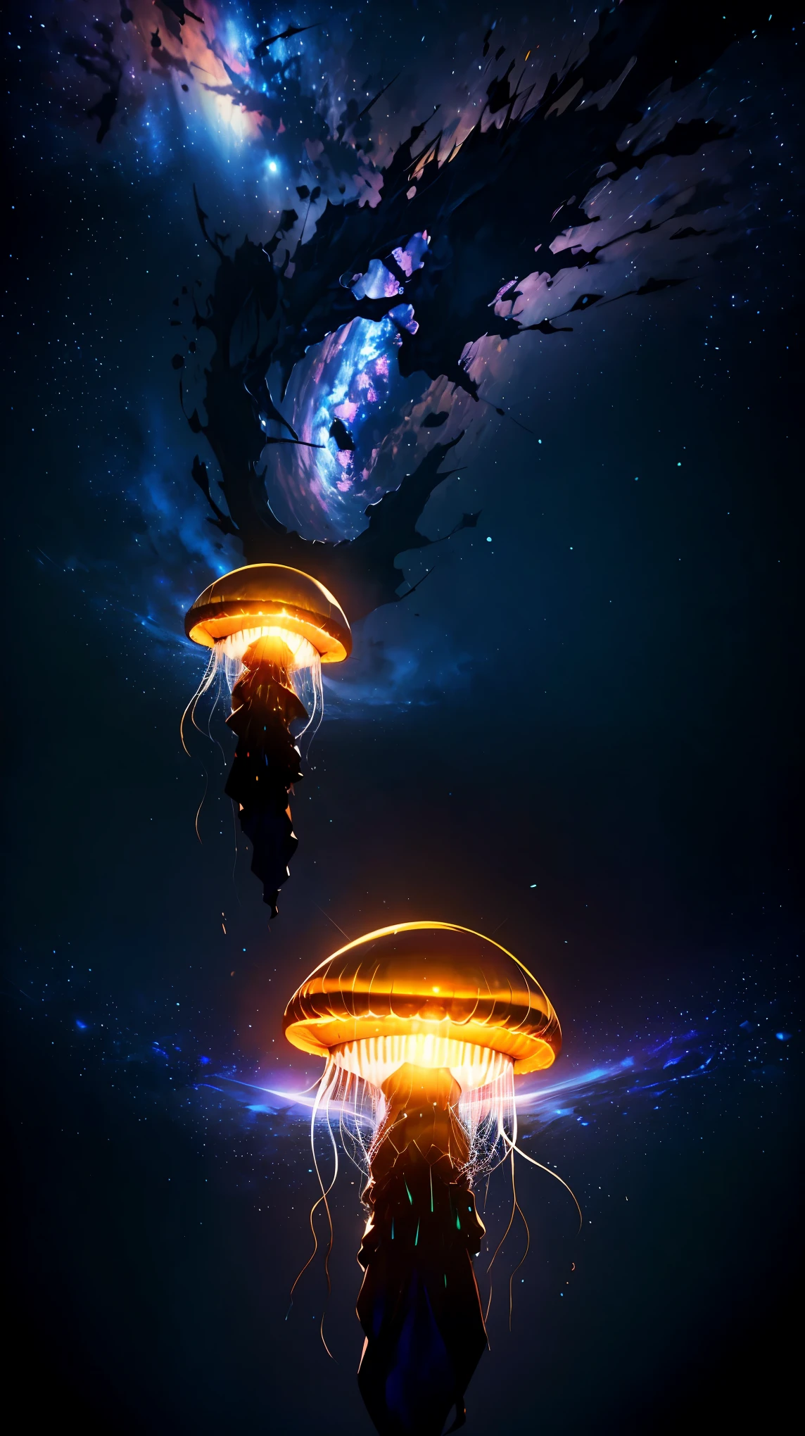 (8k, RAW photo, 最high quality, masterpiece:1.2), High-definition RAW color photo, Professional photo shoot, cinematic light, jellyfish like a long dress, floating in the darkness, space jellyfish, Amazing grace, astral life form, 銀河のドレスをまとったspace jellyfish, mysterious and feminine, sexy movements, dazzling light of celestial bodies, High-energy body, surrounding light source,beautiful lighting,attributes of light,reflection and refraction,ray tracing,super fine,high quality, surreal, bright colors, ((f/1.2, Nikon, very detailed, photo shoot)),