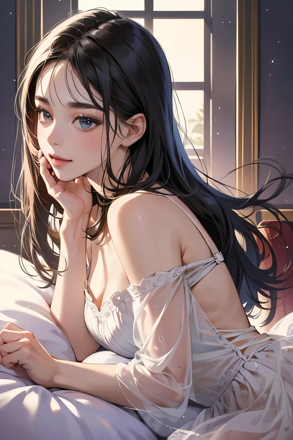 (masutepiece, Digital Art, Digital Illustration, 4K, 8K, Ultra-detailed, beautiful image, Sharp Image, Photorealistic, Raw photo, Perfect face, Perfect lines, Perfect eyes, Soft lighting) , a couple, 1 girl 1 boy, Long black hair and blue eyes, Short black hair and gray eyes, Romance, Lie on the ground, See the stars