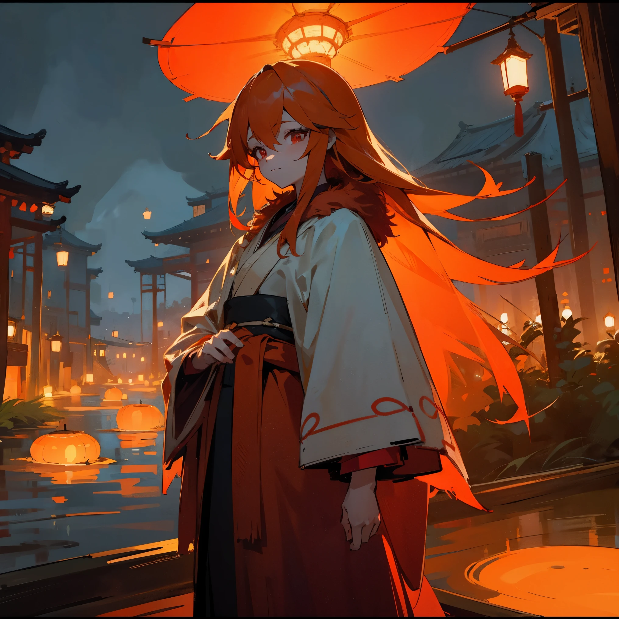 1female, adult, finely detailed red eyes, long messy orange hair, red fur poncho, peasant clothing, night time, standing on path, forest, night, lanterns, fishing village