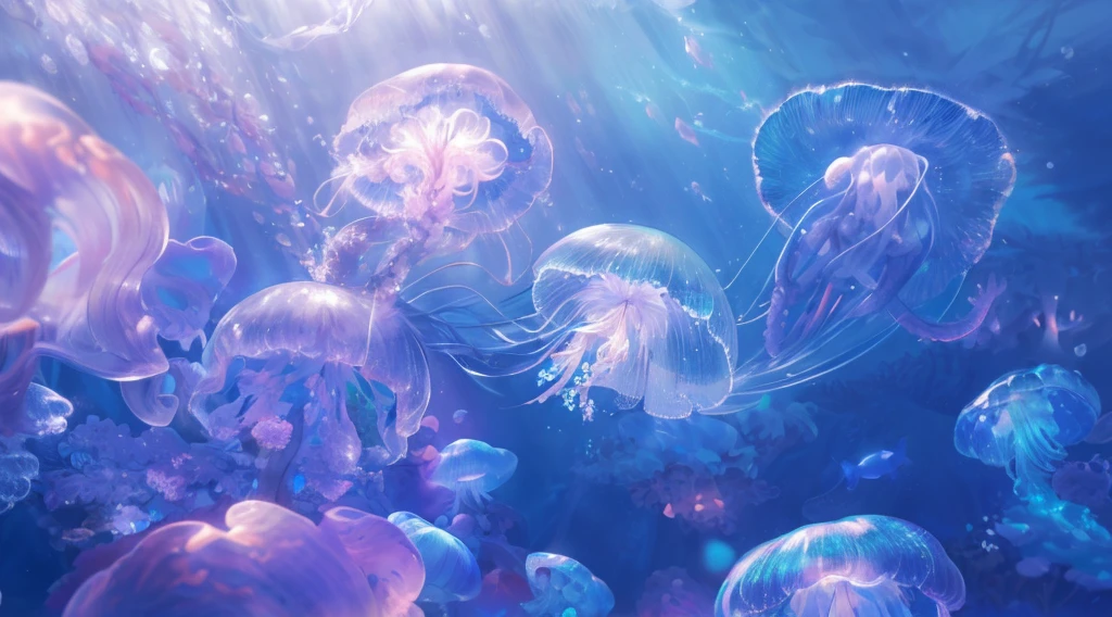 (best quality,4k,8k,highres,masterpiece:1.2),ultra-detailed,(realistic,photorealistic,photo-realistic:1.37), underwater, vibrant colors, (captivating, mesmerizing) beauty, majestic, (crystal clear, translucent) waters, (graceful, elegant) movement, (ethereal, otherworldly) atmosphere, (peaceful, serene) surroundings, (endless, infinite) expanse, (mysterious, enchanting) depths, (calm, still) ocean floor, (subtle, gentle) waves, (luminous, glowing) jellyfish, (undulating, floating) tentacles, (delicate, intricate) bioluminescent patterns, (iridescent, shimmering) hues, (translucent, transparent) bodies, (graceful, flowing) motion, (mysterious, alluring) glow, (silhouette, shadow) of underwater creatures, (subtle, soft) rays of sunlight, (majestic, grand) coral formations, (diverse, abundant) marine life, (tranquil, soothing) ambiance, (deep, profound) silence.