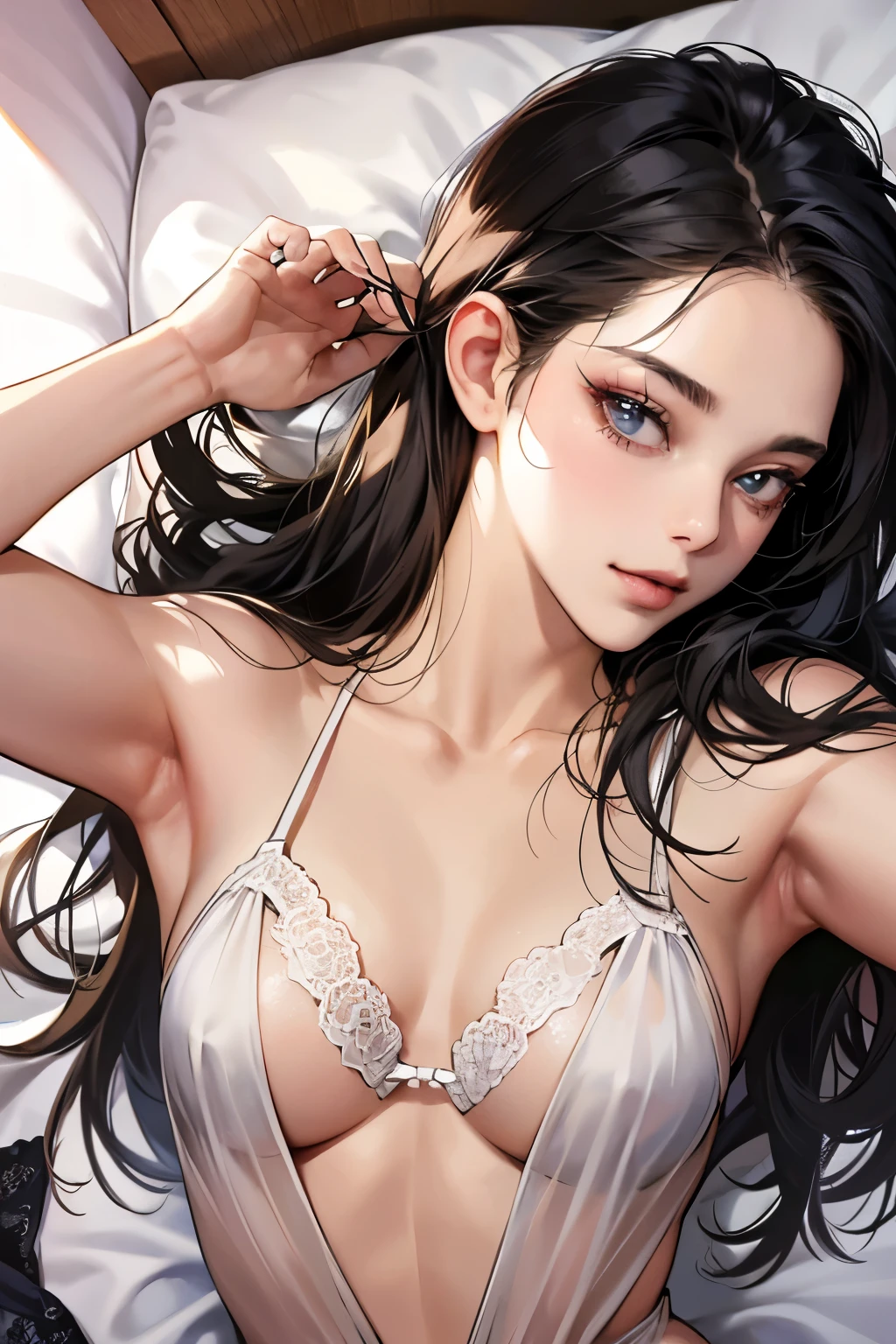 (table top, digital art, digital illustration, 4k, 8k, Super detailed, beautiful images, clear image, realistic, RAW photo, perfect face, perfect lines, perfect eyes, soft lighting) ,1 female, (long black hair,straight hair,bullish look,Beautiful woman,grace,Make up well,19 year old woman,small breasts:1.3),Two handsome men in suits, (human,muscular,solid shoulder width, human,boyish hairstyle,English gentleman'Style,A man in his 30s with a cool expression,28-year-old man with bright 笑顔:1.2),Smile showing your white teeth(embarrassing,shy smile:1.1),light-filled bedroom、on the bed、negligee、couple、coupleキス、romance porn、wedding
