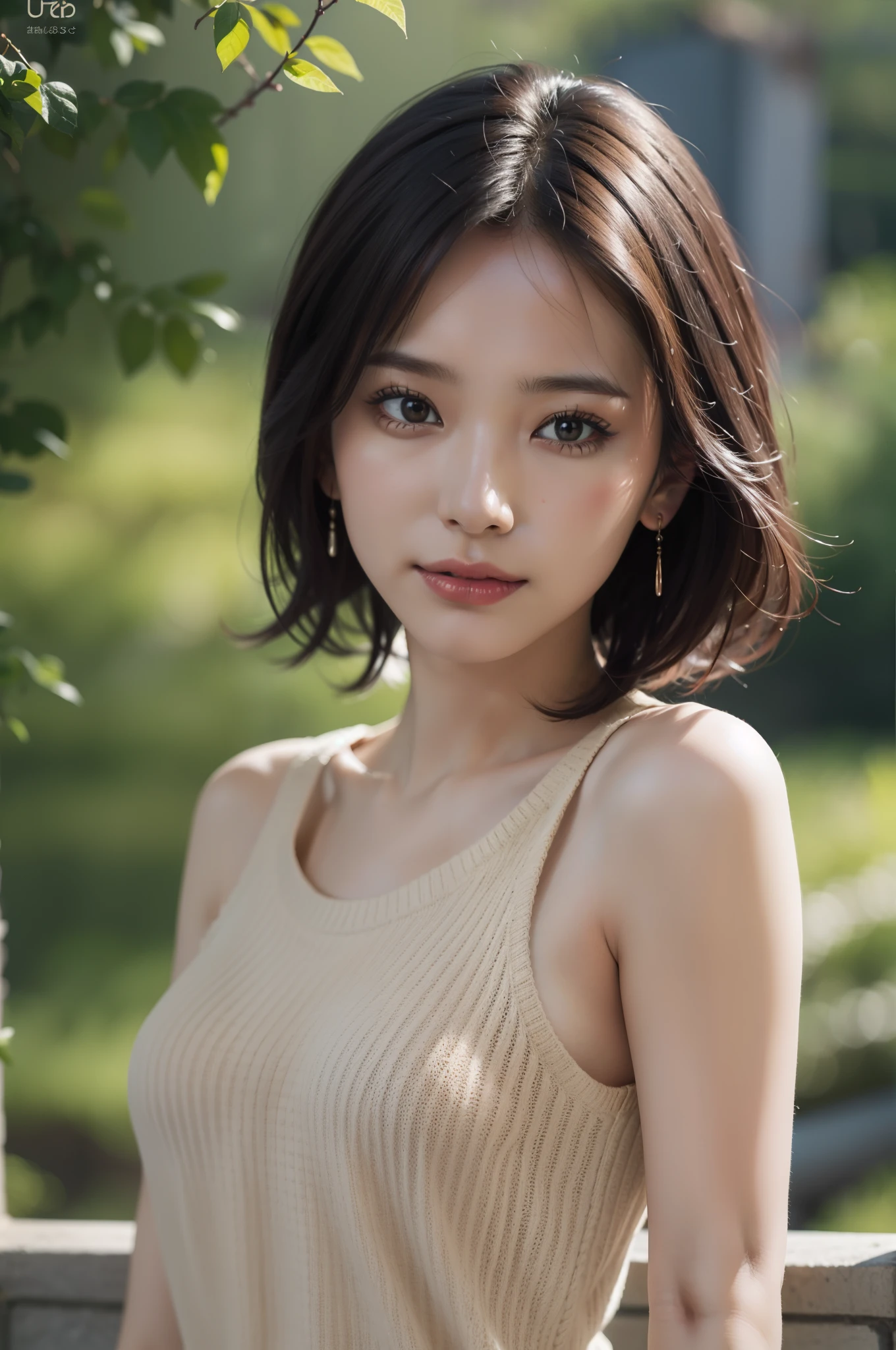 (Super real), (illustration), (HD), (8k), (HD), (Best illustration), (Beautiful and delicate eyes), (best quality), (Ultra-detailed), (Masterpiece), (wallpaper), (Detailed face),Sweaty,Upper body upward,armpit,short hair,Sleeveless sweater item, Japanese, lower breast, (camel toe)