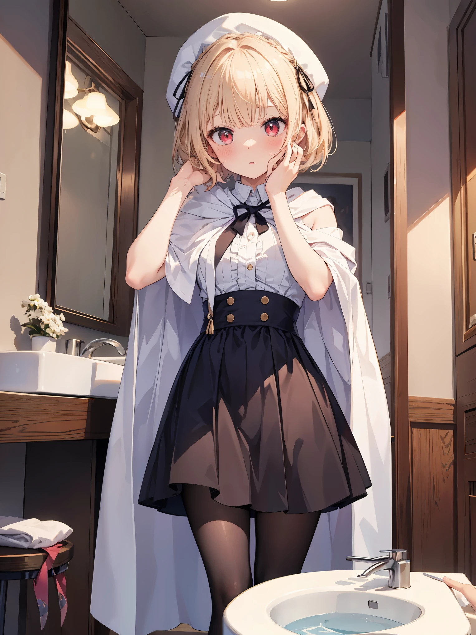 ((put your hand on your face)), ((surprised)), (Looking at the front)), (blush), 1 girl, 、young、Chibi、blonde, red eyes, braided hair, bob cut, Fantasy style neat costume, saint、 frills, robe, long skirt, black tights, white cloak, sink, Bathroom, mirror, concept art, beautiful anime scene, beautiful anime scenery, highest quality, ((masterpiece))
