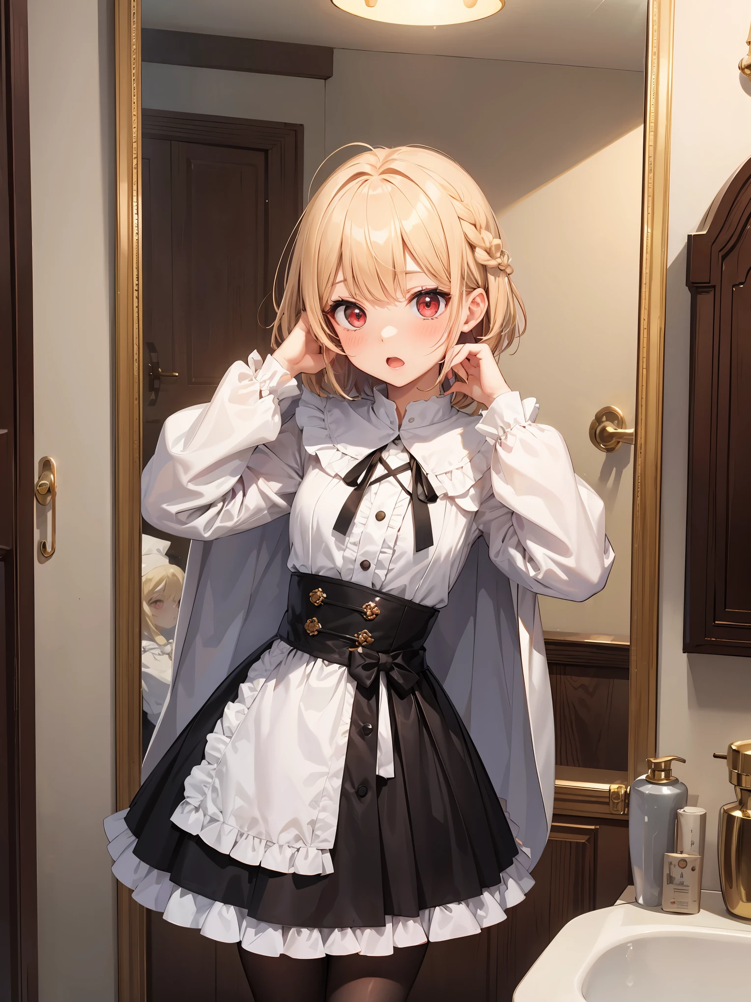 ((put your hand on your face)), ((surprised)), (Looking at the front)), (blush), 1 girl, 、young、Chibi、blonde, red eyes, braided hair, bob cut, Fantasy style neat costume, saint、 frills, robe, long skirt, black tights, white cloak, sink, Bathroom, mirror, concept art, beautiful anime scene, beautiful anime scenery, highest quality, ((masterpiece))
