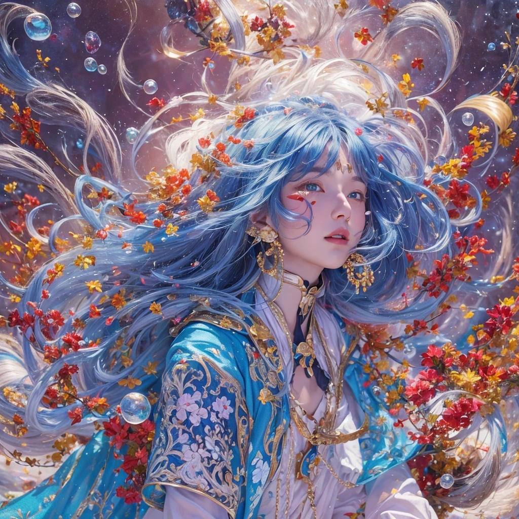 黄 blue colors,enamel,agate,A flesh-colored world,Blood Blue Maiden 32k(masterpiece,HD,Aoyama Pond,Ultra high quality,32k)long flowing bright blue hair,blood pool,Ziddink, a color,Grumpy (After greeting), (Linen scarf), fighting stance, looking at the ground, long white hair, Floating bright blue, Fire cloud gold headdress, Chinese long-sleeved gold silk burgundy garment, (Abstract metaverse splash:1.2), White background,Peony flower vitality protector(realistically:1.4),bright purple hair,Smoke on the road,The background is very pure, high resolution, detail, RAW photos, Sharp Re, Nikon D850 film photo by Jefferies Lee 4 Kodak Portra 400 camera F1.6 guns, colorful, Ultra-realistic and vivid textures, dramatic lighting, Unreal Engine Art Station Trend, Sinest 800,一个有着long flowing bright blue hair的女孩,huge colorful bubbles