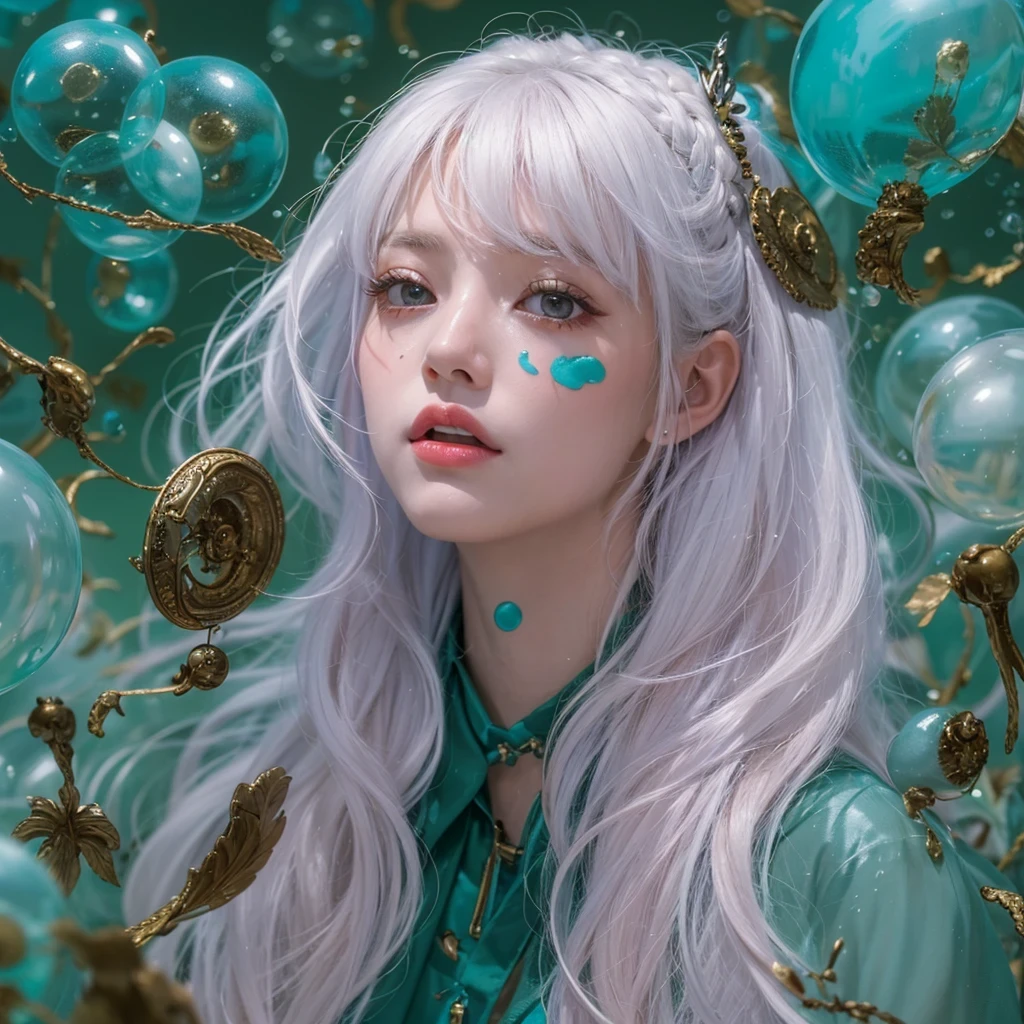 黄 blue colors,enamel,agate,A flesh-colored world,Blood Blue Maiden 32k(masterpiece,HD,Aoyama Pond,Ultra high quality,32k)long flowing bright blue hair,blood pool,Ziddink, a color,Grumpy (After greeting), (Linen scarf), fighting stance, looking at the ground, long white hair, Floating bright blue, Fire cloud gold headdress, Chinese long-sleeved gold silk burgundy garment, (Abstract metaverse splash:1.2), White background,Peony flower vitality protector(realistically:1.4),bright purple hair,Smoke on the road,The background is very pure, high resolution, detail, RAW photos, Sharp Re, Nikon D850 film photo by Jefferies Lee 4 Kodak Portra 400 camera F1.6 guns, colorful, Ultra-realistic and vivid textures, dramatic lighting, Unreal Engine Art Station Trend, Sinest 800,一个有着long flowing bright blue hair的女孩,huge colorful bubbles