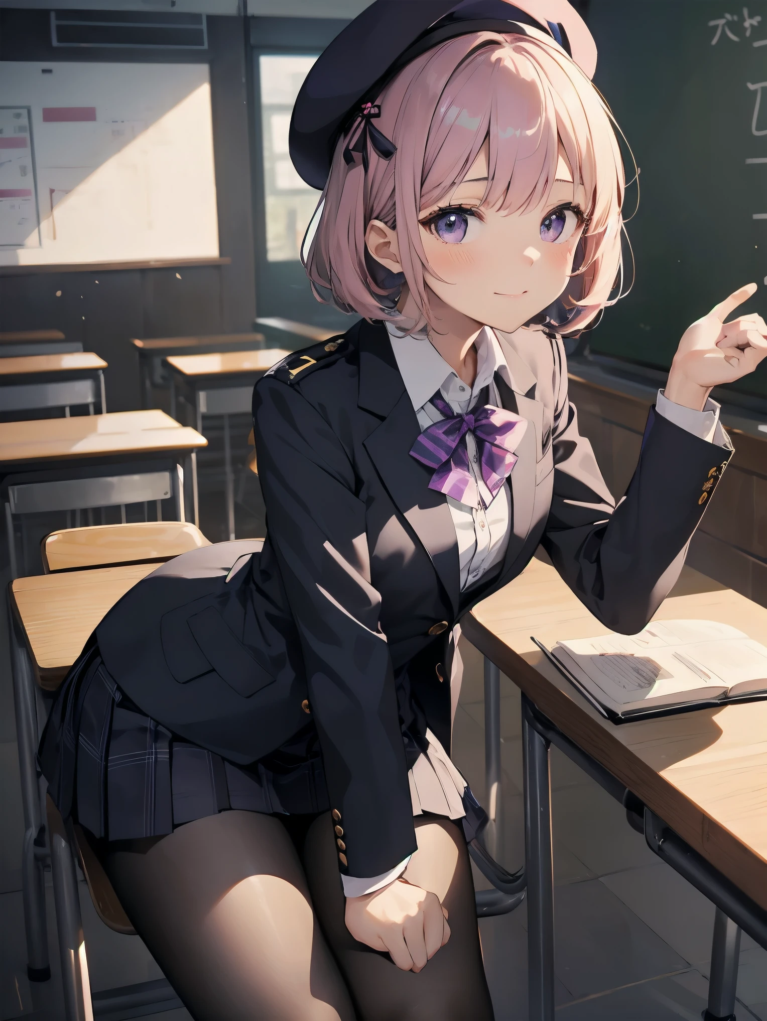細部に至るまinの傑作、highest quality、realistic、1 girl、solo、18-year-old、Looks about 5 、140cm beautiful girl、、5 year old ir、Gradient bob in the forward、pink and purple mesh、big vertical eyes、Outstanding looks、cute 、proximity、closed_mouth、laughter、blush、恥ずかしさinいっぱい、beret、pink bow tie、Branded uniforms、 青いblazer、blazer、pleated skirt、gray skirt、silk blouse、white blouse、feet、black tights、sit on top、classroom、hair_ornament、looking for_in_viewer、beiniful detailed eyes、realistic目、tights on、Not clear、professional effects、Not clear、enhanced elegance、Really ridiculous cuteness、cute