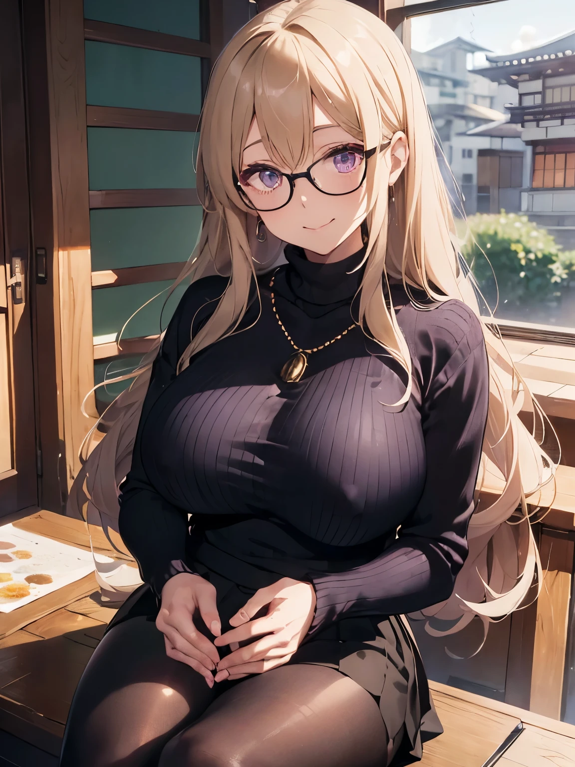 8k, super detail,
(1mom  mature madam woman:1.2),pearl necklace、black turtleneck sweater、glasses、Elegant、((huge breasts)).long hair,((milfication:1.5)), A smile full of compassion、 in room,solo,,watercolor painting,(Violet Evergarden),blonde hair,beautiful face and eye,skirt,pantyhose,realistic,(kyoto animation artstyle)