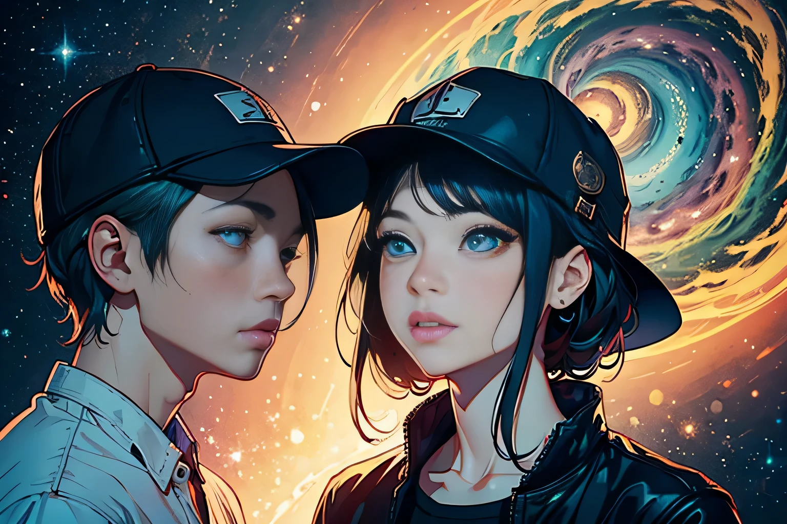 a psychedelic scene of a man wearing a cap and a girl watching a honey-colored UFO flying overhead, vibrante e surreal, fosco, arte conceitual, dreamcore, Psicodelia, cosmic, Afiado, texturas e profundidades, 8K, Ultra HD, detalhes intrincados, por Hsiao Ron Cheng e James Jean e Victo Ngai e Tim Okamura e Alex Gray