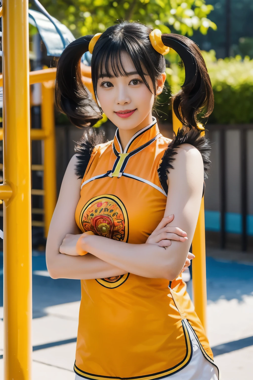 (masterpiece, highest quality:1.2), alone, 1 girl, Upper body,Lin Xiaoyu, slight smile, twin tails, Chinese service, Orange Cheongsam, white shorts, No sleeve, jewelry, bracelet,schoolyard,playground,courtyard,amusement park